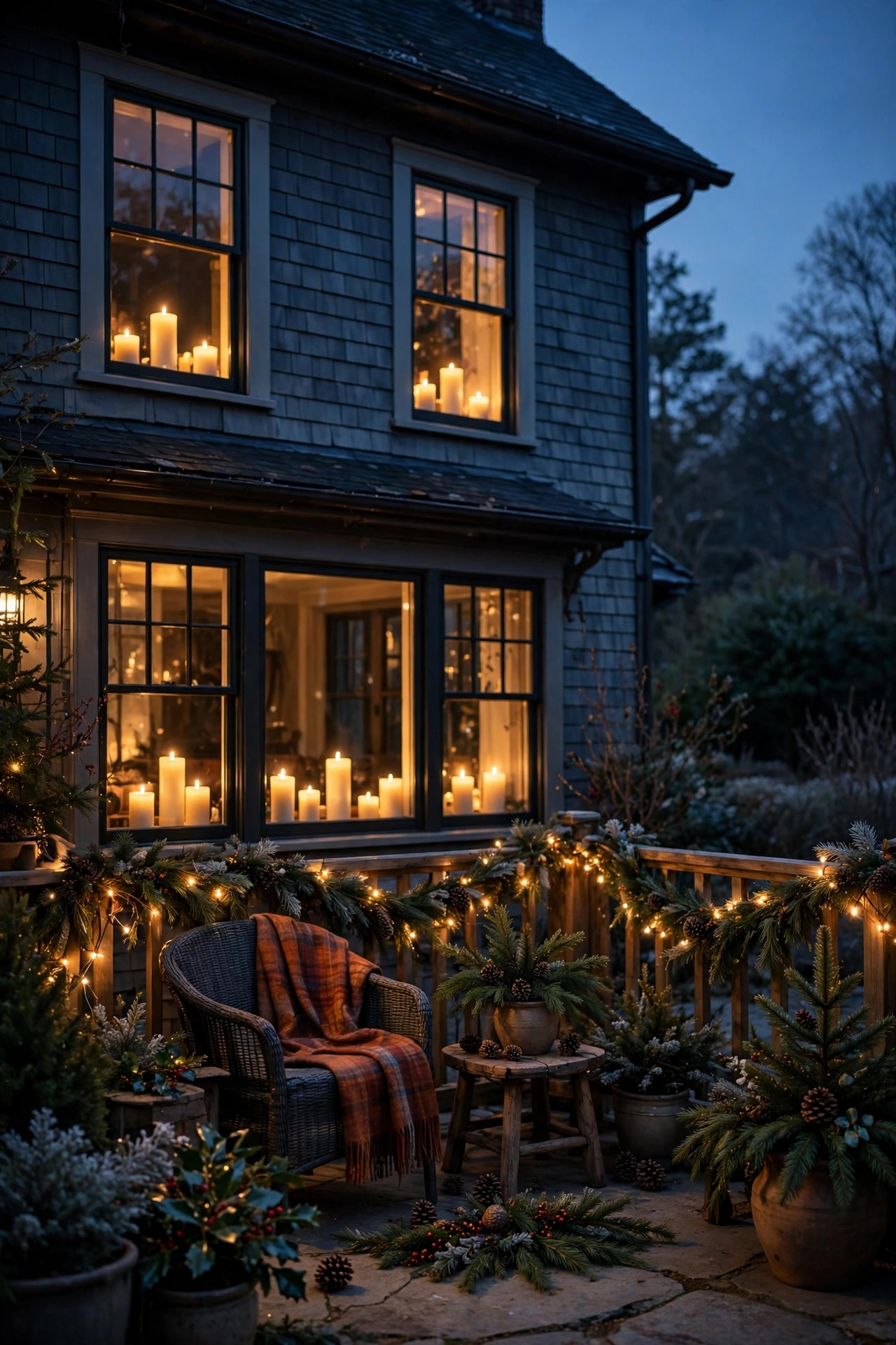 Warm flameless candles glowing in the windows of a house seen from a Christmas patio at dusk