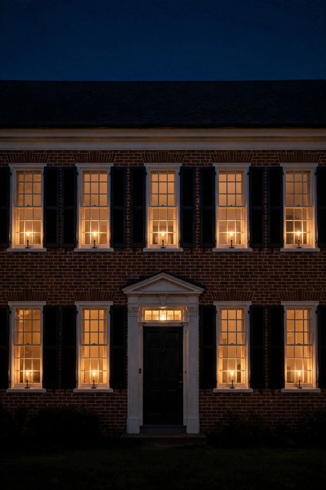 Matching electric window candles glowing in every front window of a house at night