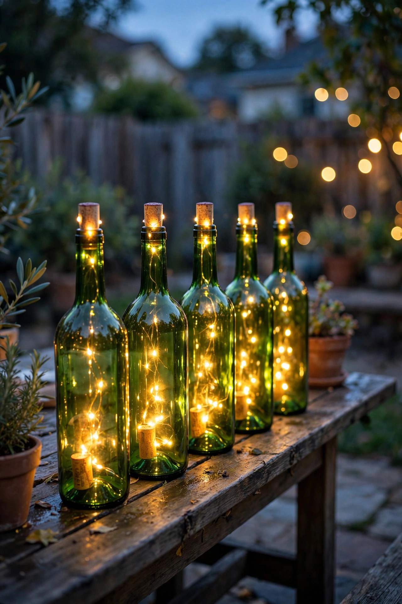 Wine bottles with fairy light corks glowing as torches along a patio edge