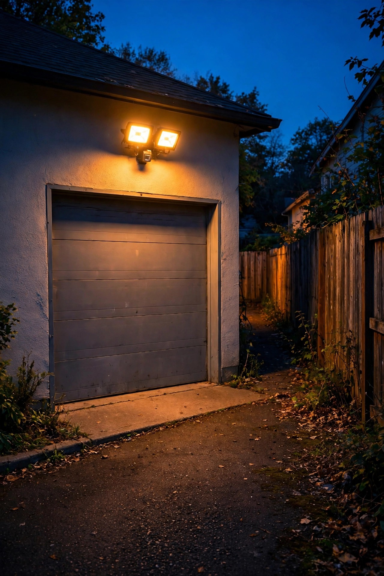 Motion floodlight above a back garage door illuminating a driveway edge and alley-side fence at dusk