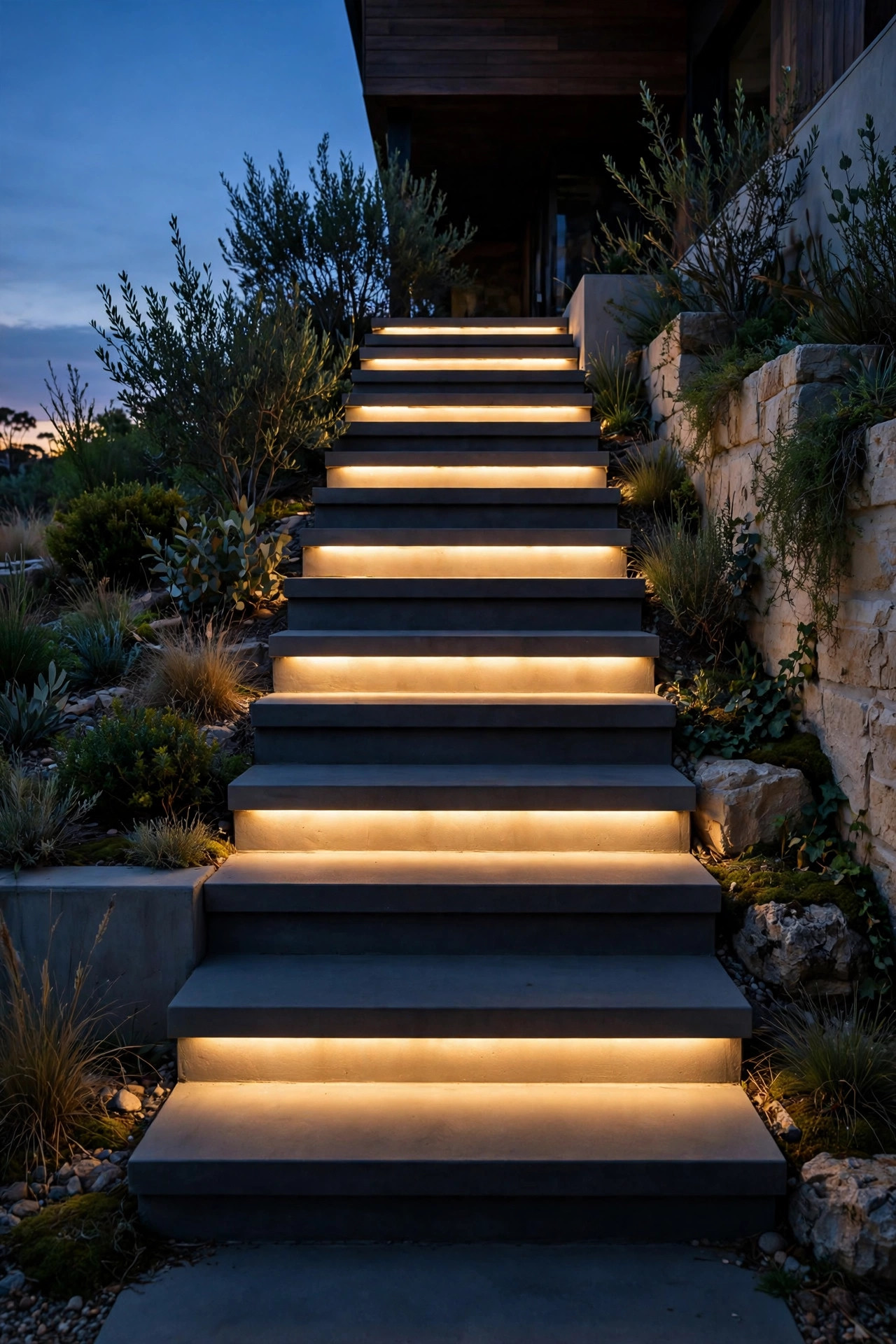 Staircase lit in an every-other-step recessed light pattern with calm even rhythm at dusk