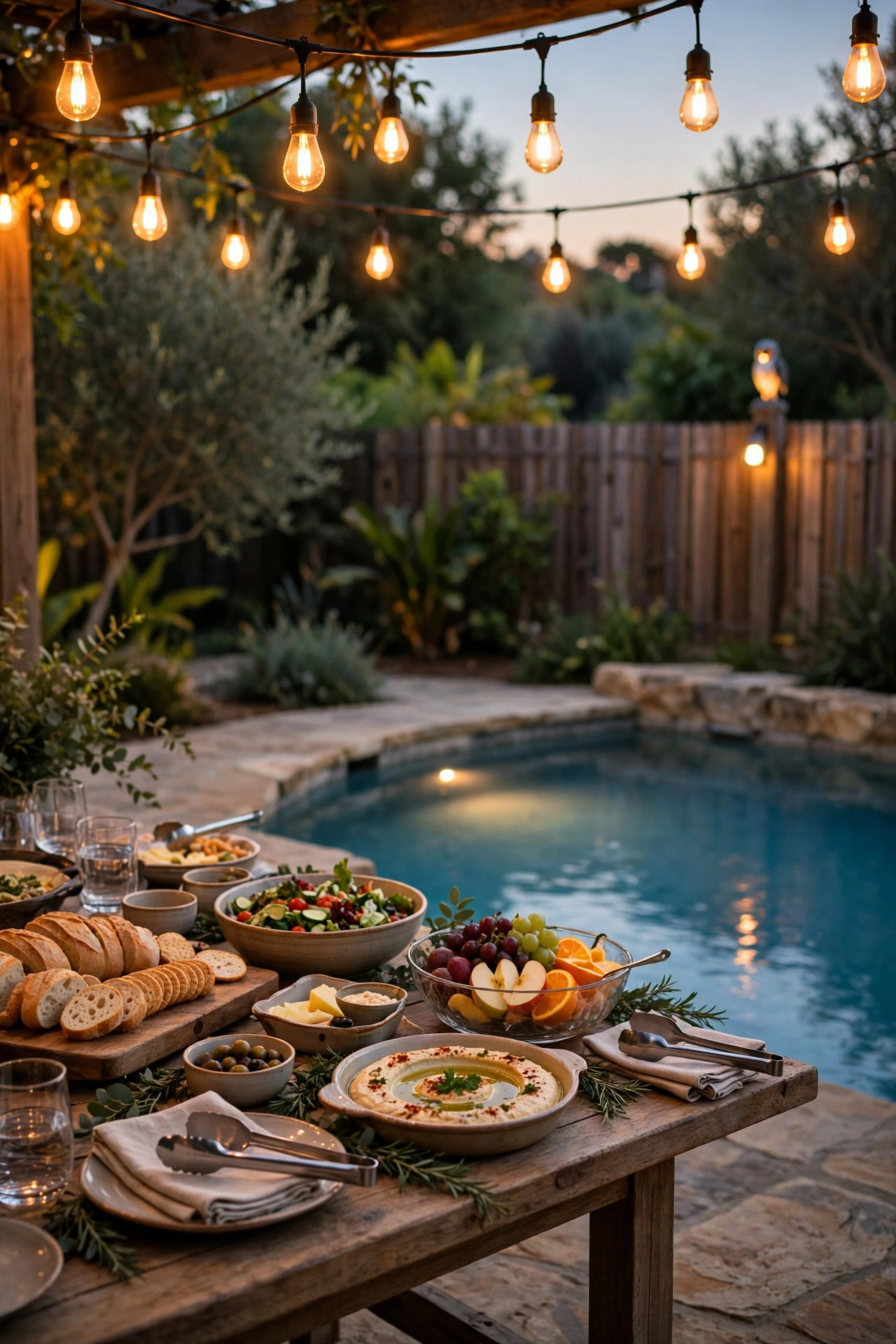 Buffet table beside a pool glowing under amber bug-smart bulbs with a distant decoy light on the fence