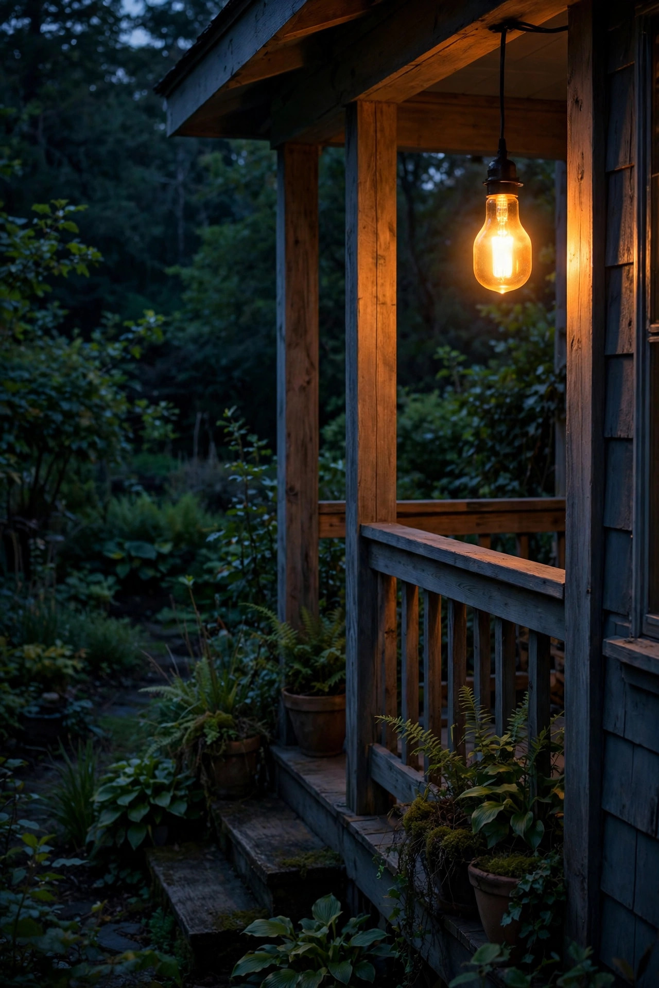 Amber bug light bulb glowing beside a front porch at dusk with a dark garden beyond