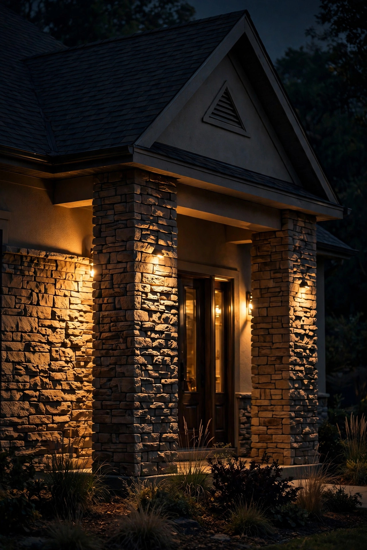 Grazing light highlighting stone veneer, porch columns and a gable on a home exterior at night