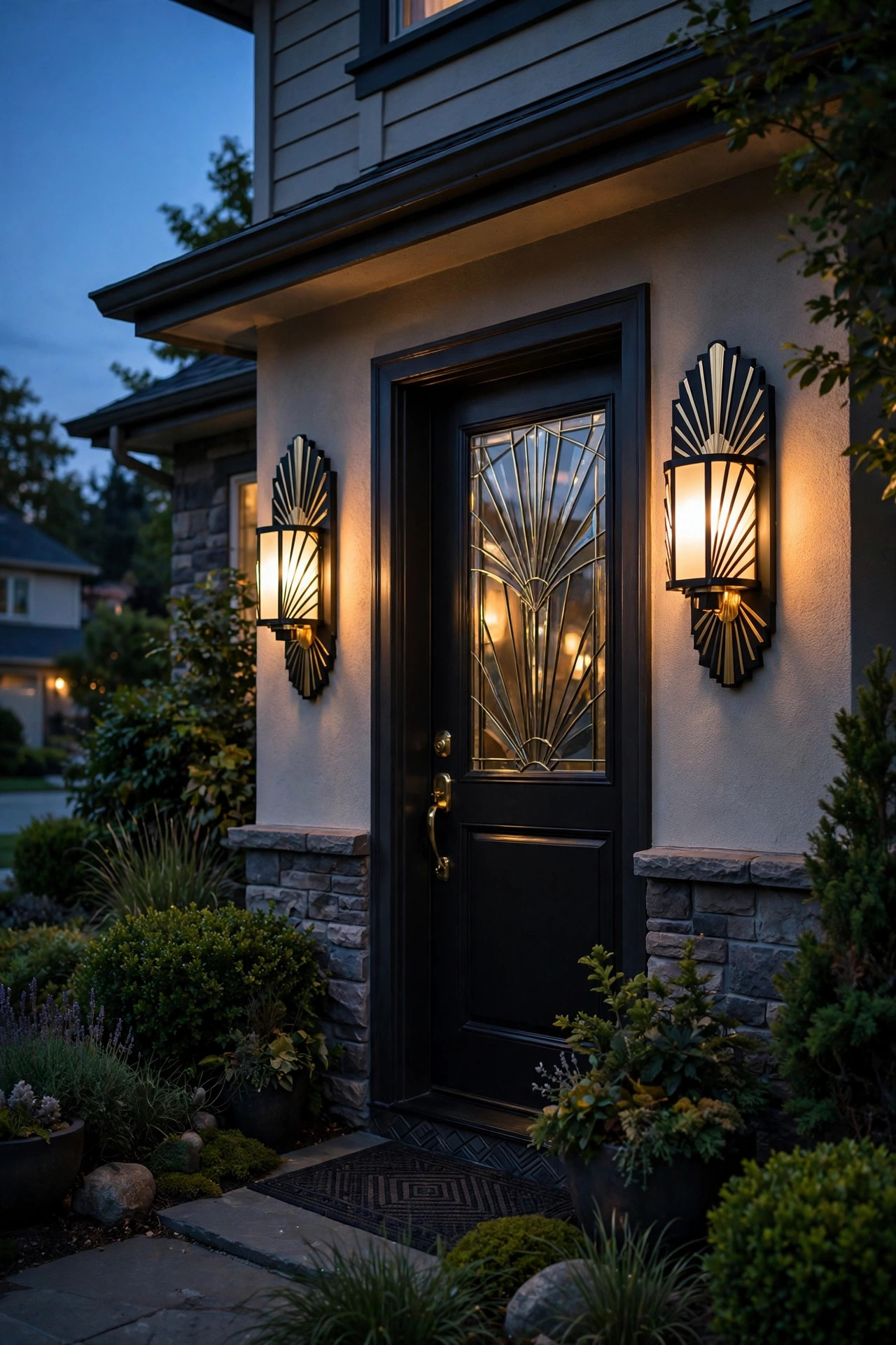 Geometric art deco outdoor wall lanterns with frosted glass glowing beside a glamorous front entry at dusk