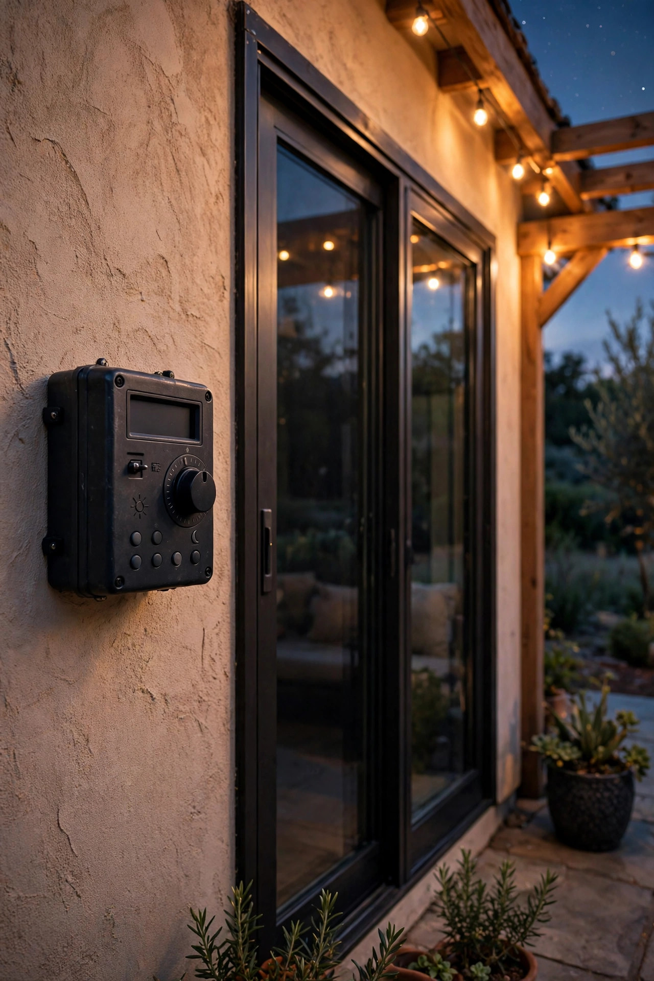 Astronomical timer control beside a patio door at dusk as low-glow patio lights come on for an evening of stargazing