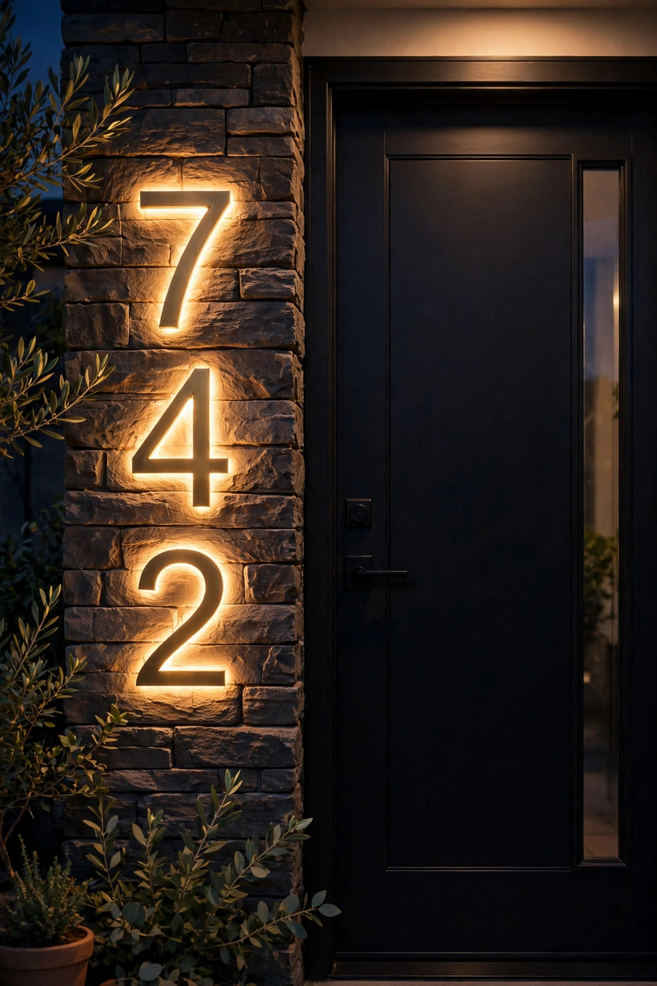 Backlit brass house numbers glowing softly on a stone pillar beside a driveway, with a small lantern lighting the mailbox at dusk
