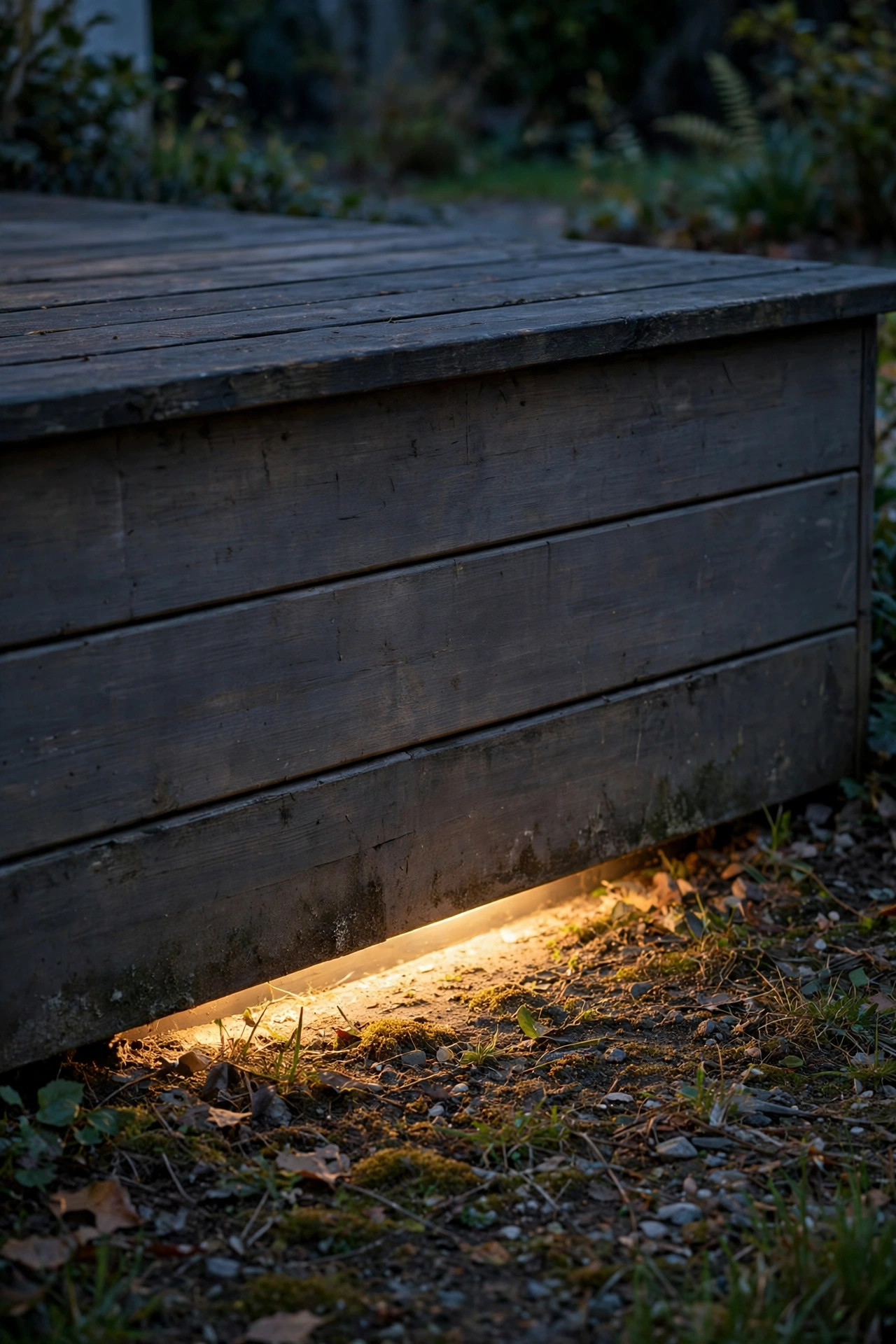 Solid deck skirting with a soft blade of light spilling from a gap at its base onto the ground