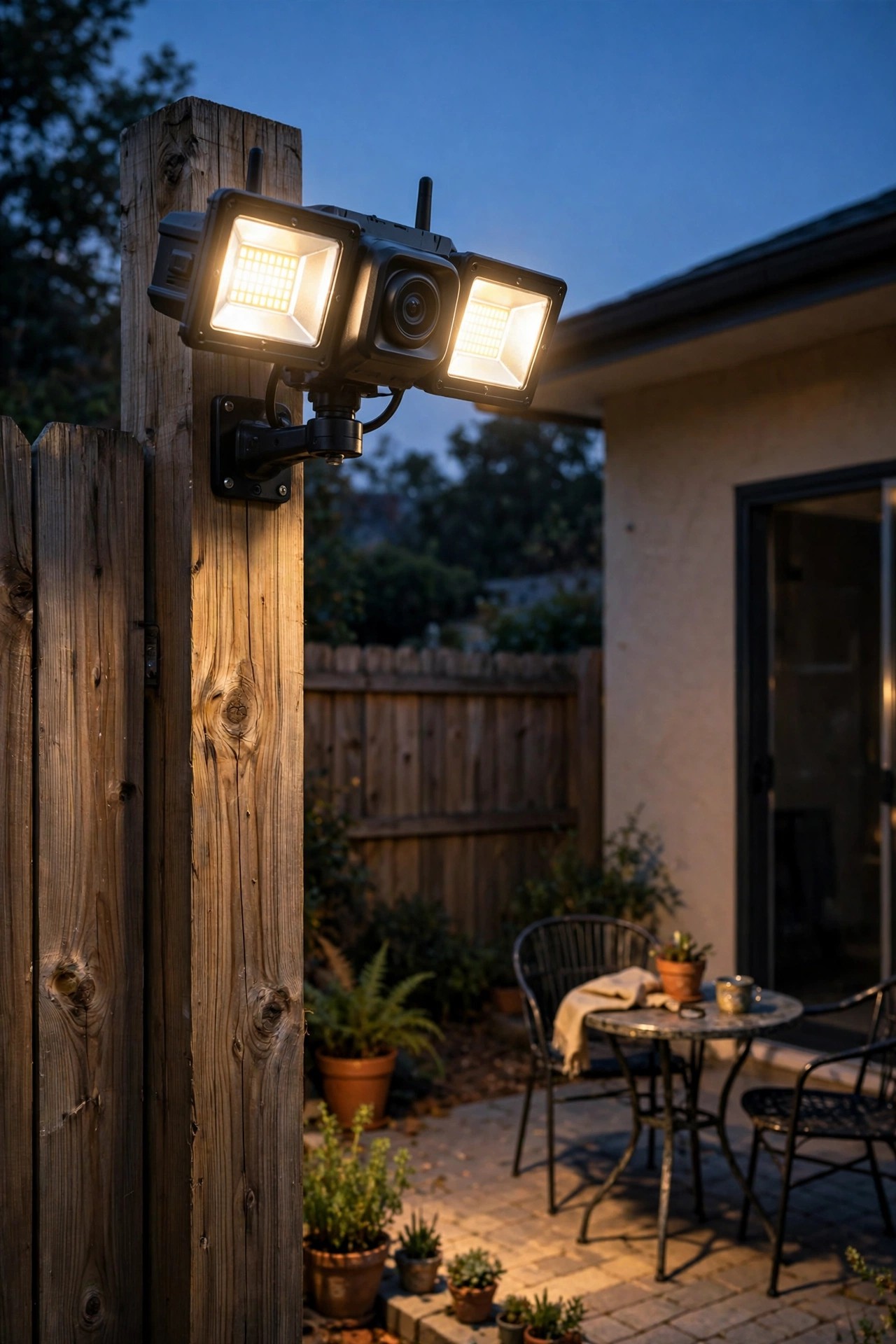 Battery flood light camera mounted on a wooden fence post at dusk lighting a small rental patio with warm white light