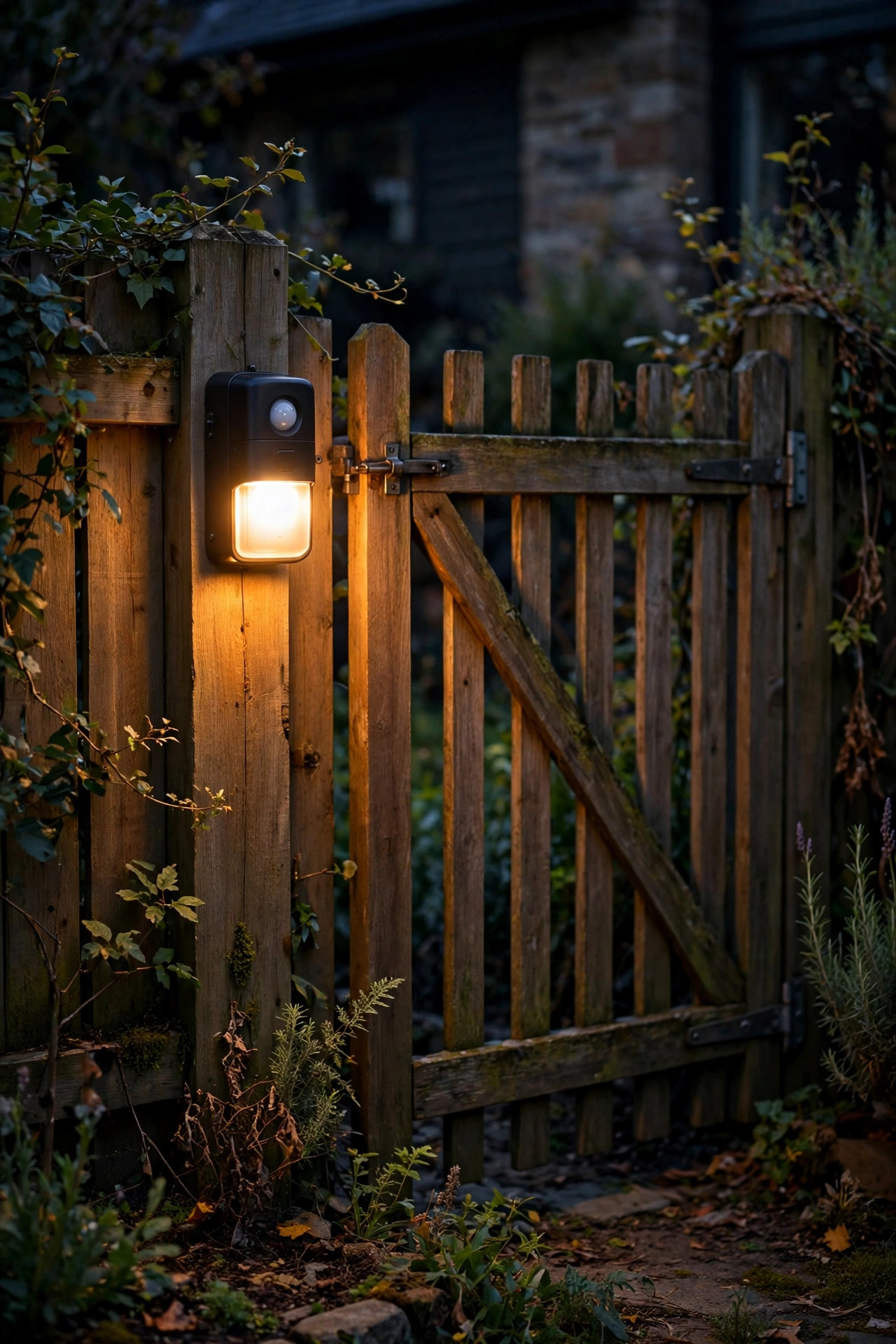 Battery-powered motion sensor sconce mounted on a fence beside a garden gate glowing at night