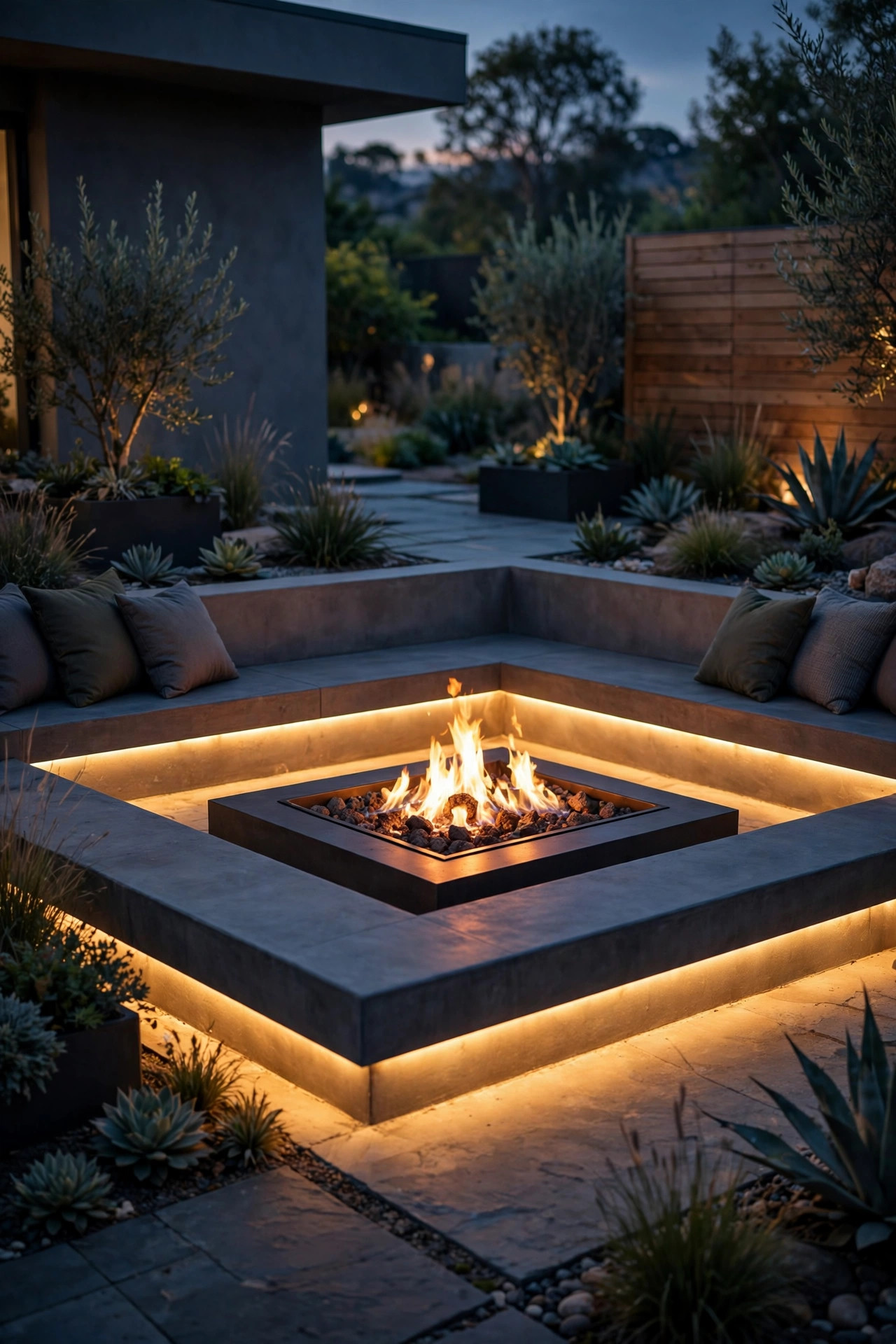 LED strip glowing beneath a built-in bench around a modern gas fire pit
