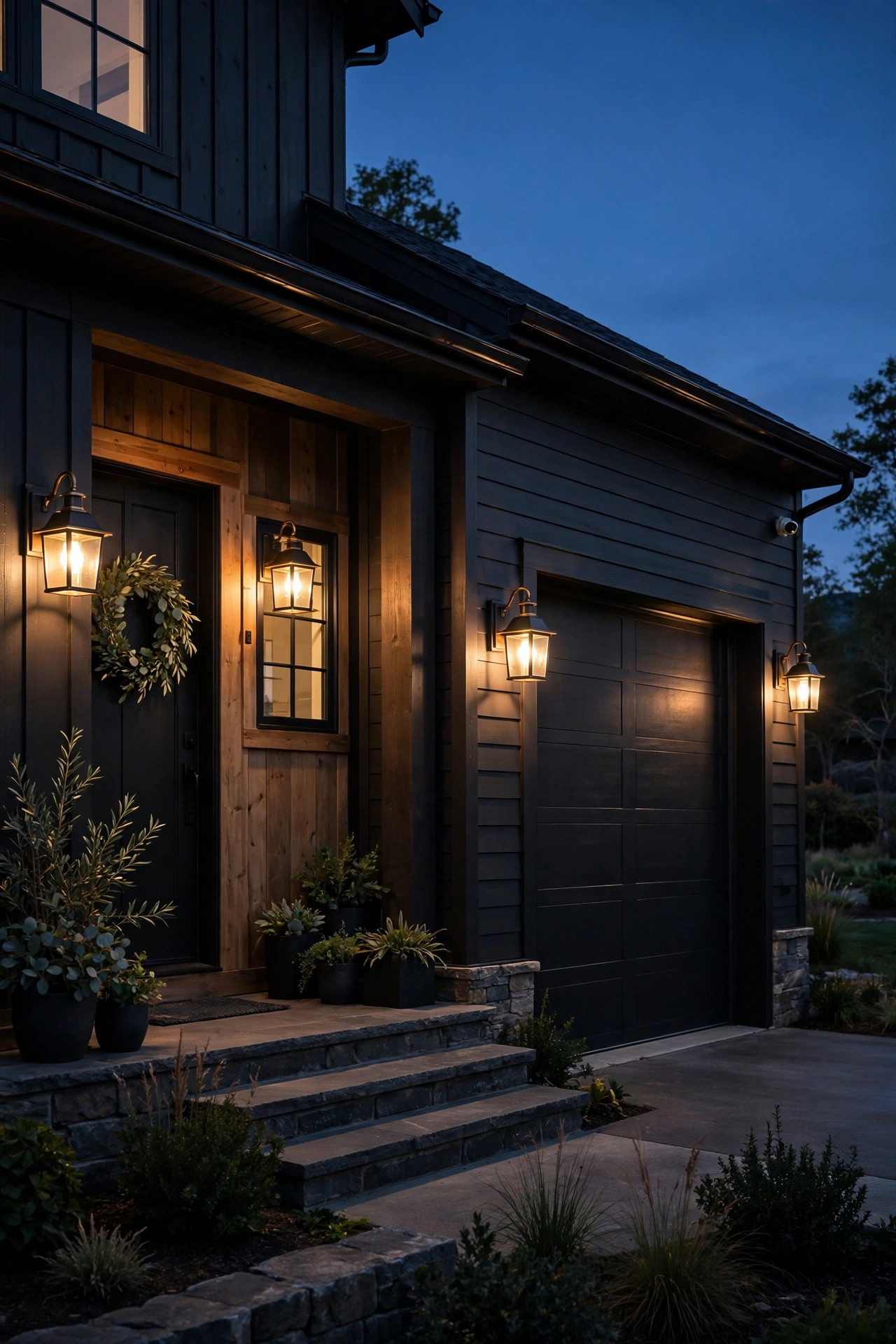 Matching matte black and oil-rubbed bronze outdoor fixtures on a porch and garage at dusk, all warm white