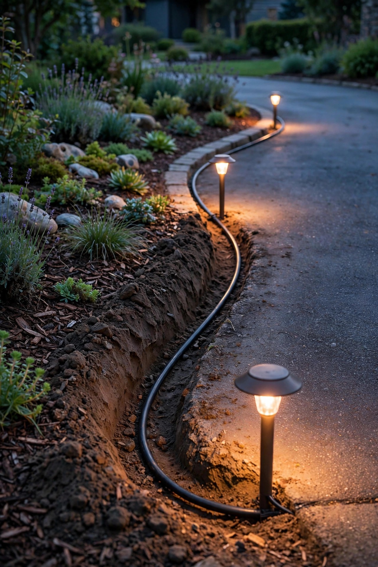 Garden bed beside a driveway at dusk with a neat shallow trench and black low-voltage cable curving safely around the pavement edge toward warm glowing fixtures