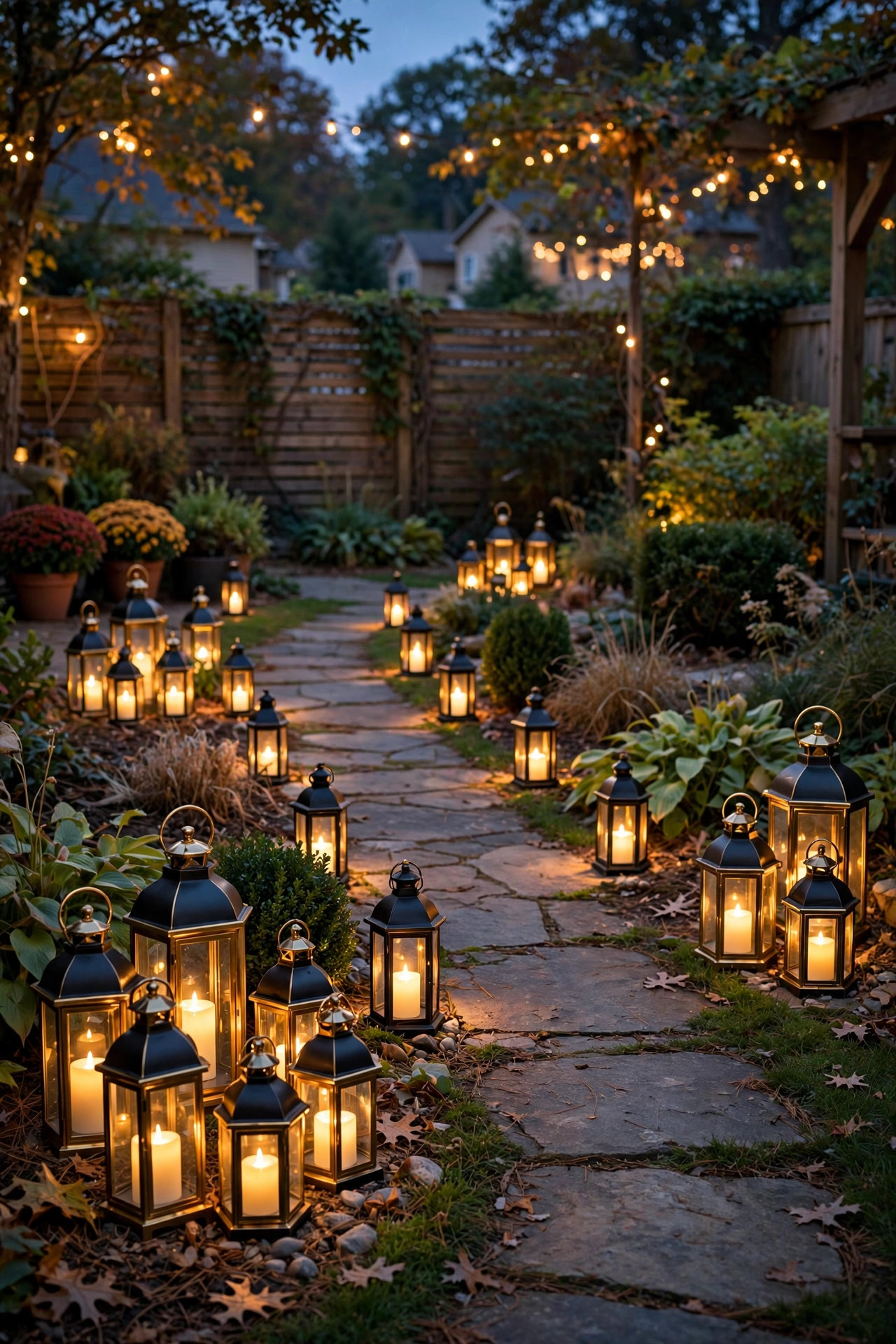 Clusters of lanterns with LED candles lining a walkway for a party