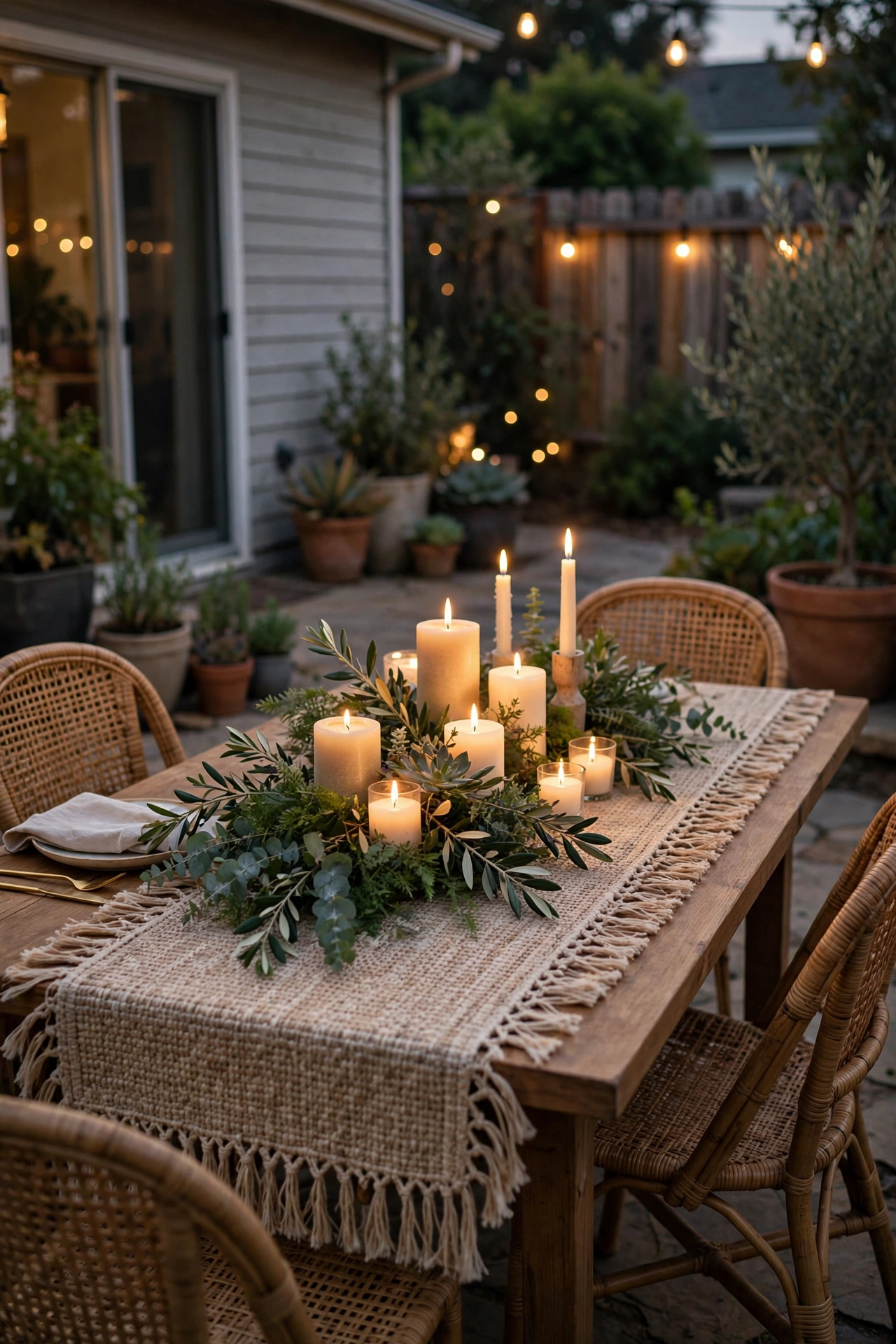 Boho outdoor table with woven runner, clustered candles and greenery at dusk