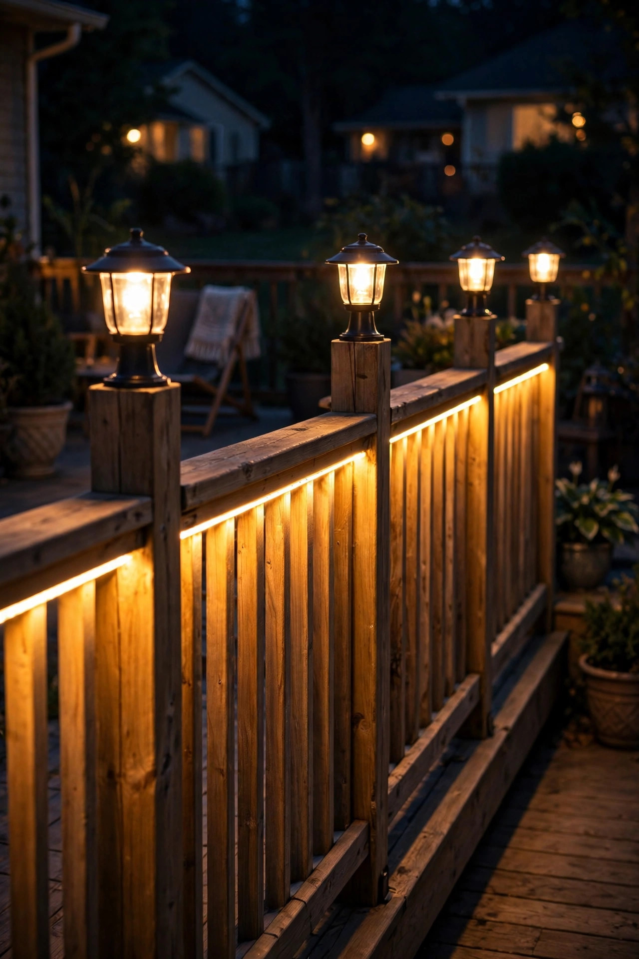 Deck railing with post cap lights and warm LED strip under the top rail creating layered glow at night