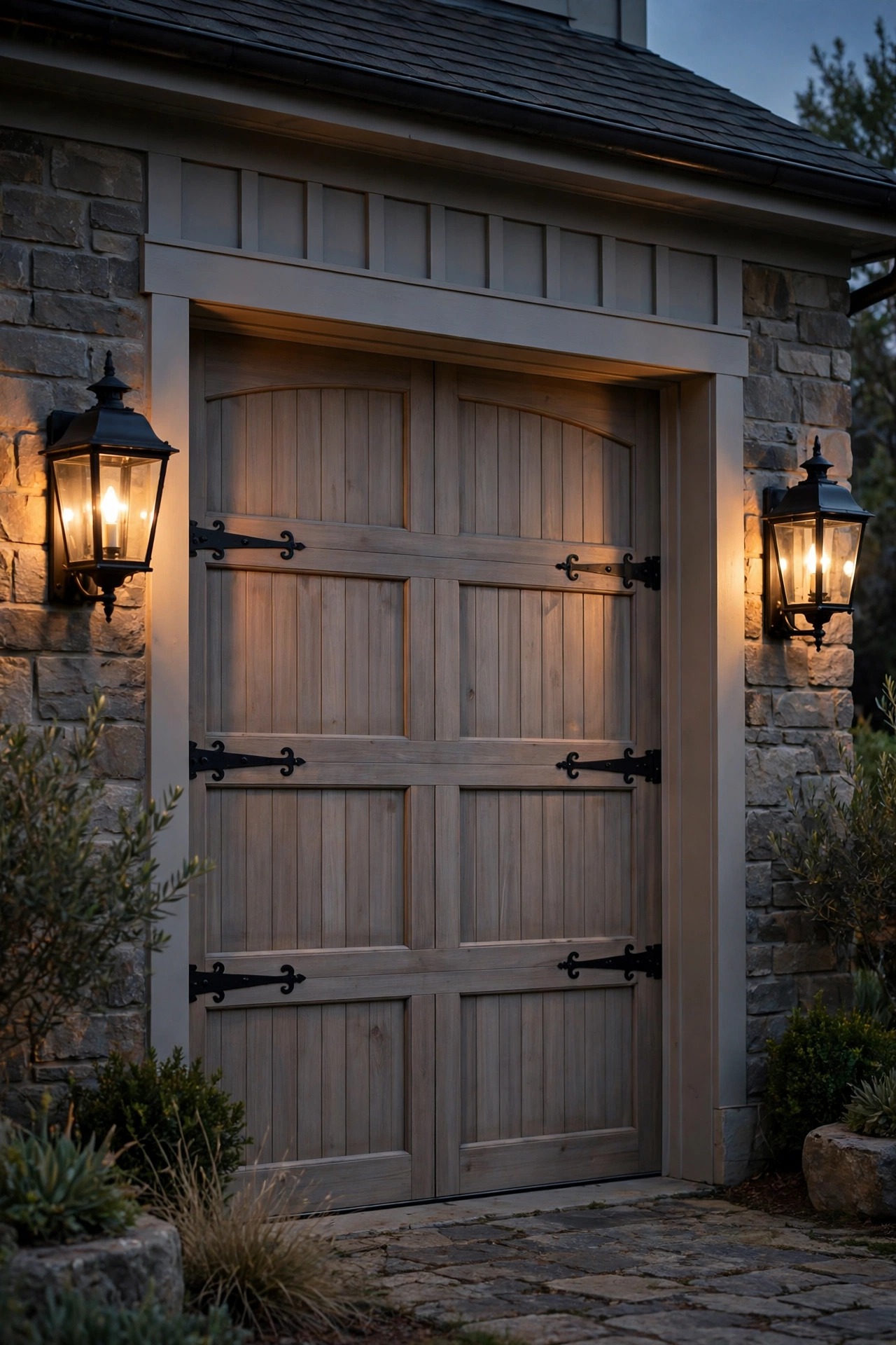 Black carriage-style lanterns flanking a farmhouse garage door with decorative strap hinges