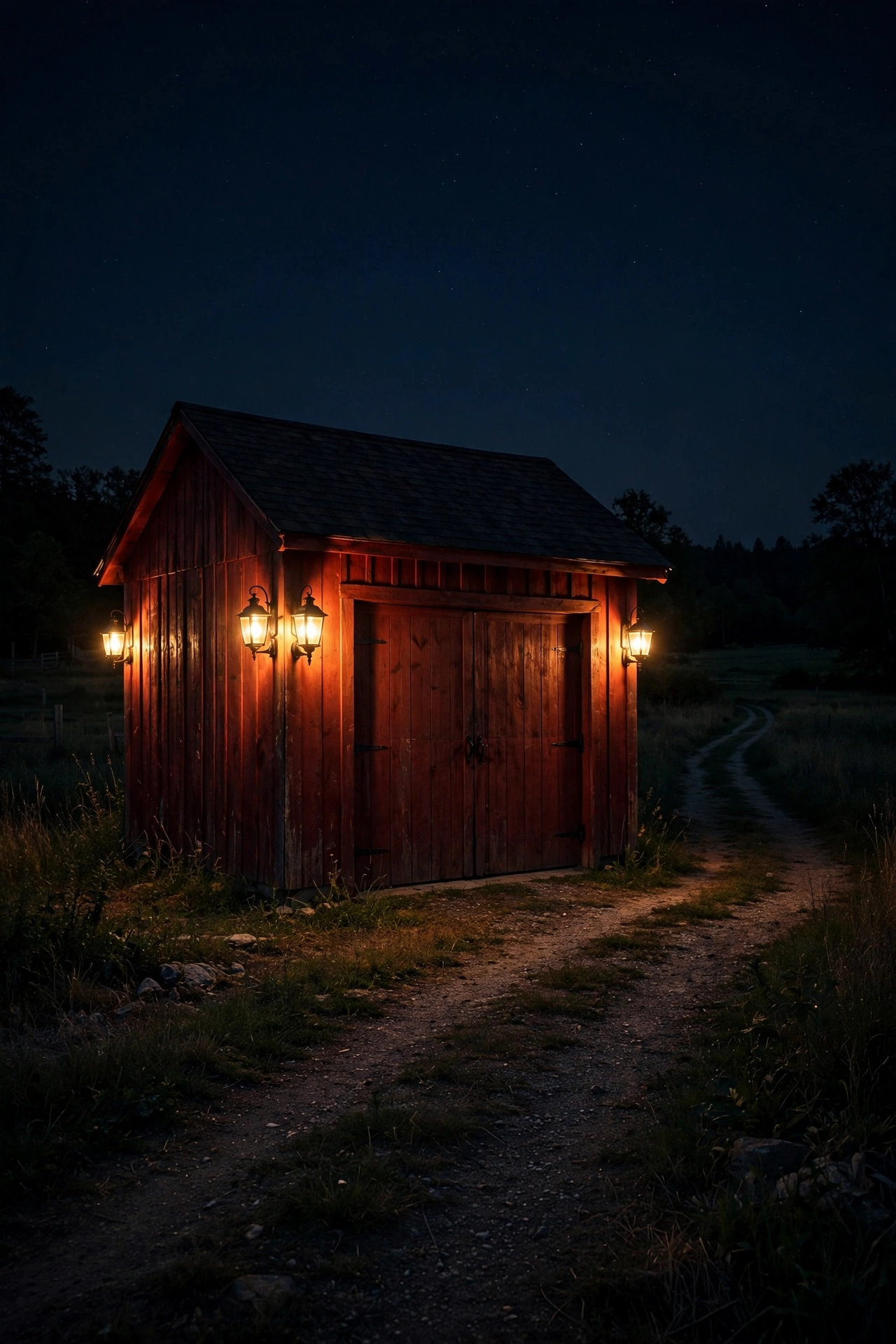 Red barn-style detached garage at night with carriage lanterns glowing on each corner