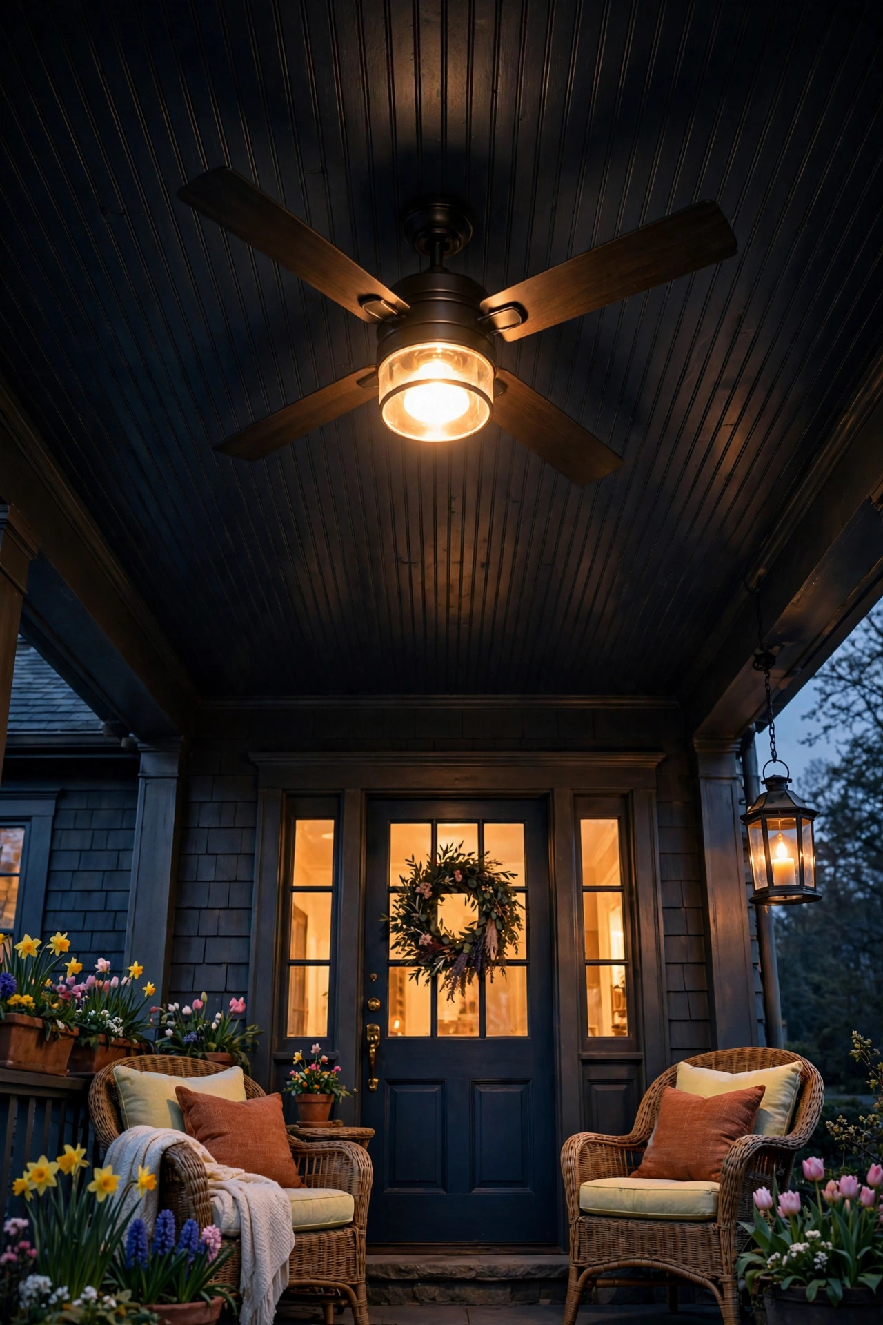 Outdoor ceiling fan with light kit glowing on a covered front porch