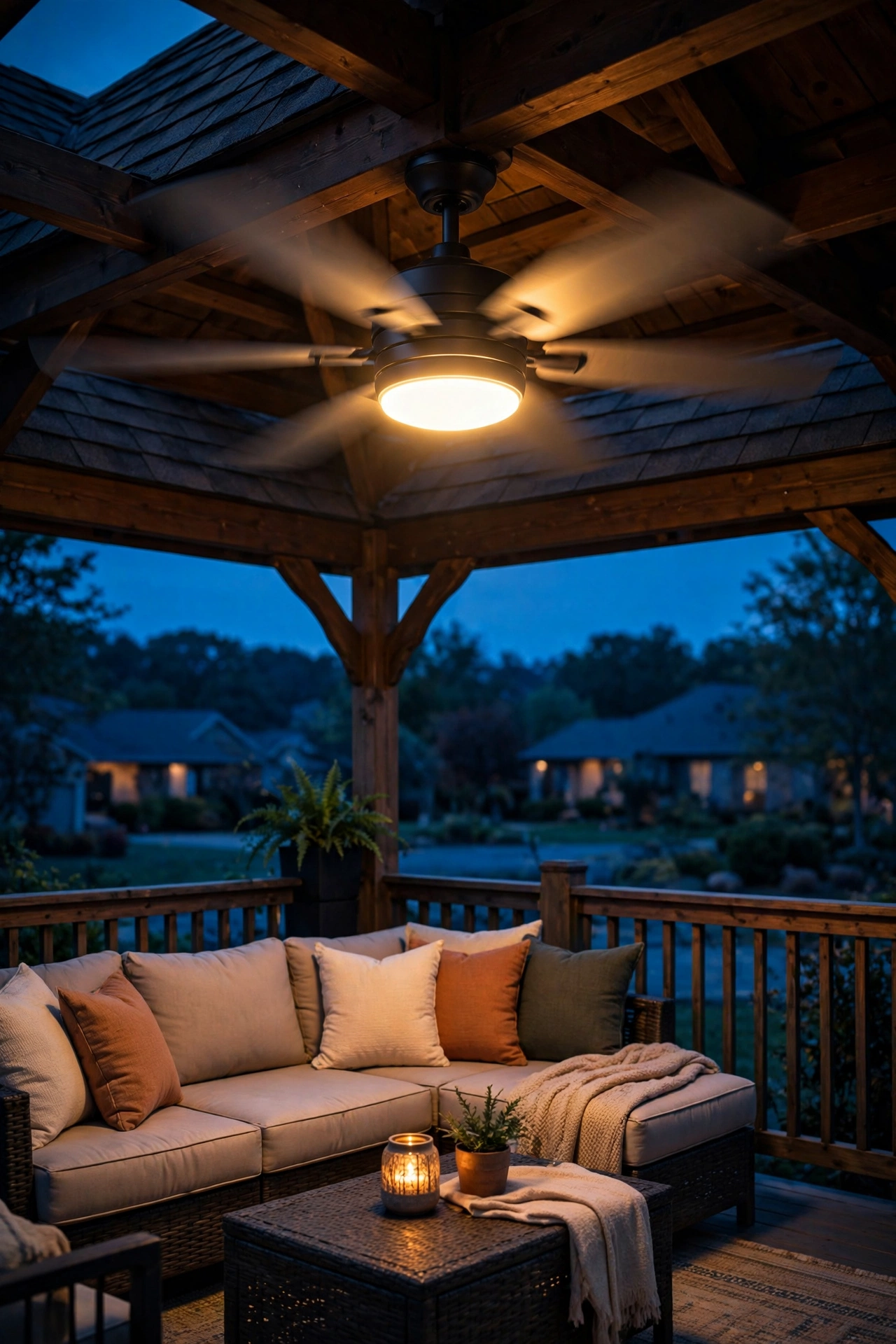 Outdoor ceiling fan with integrated warm light kit spinning above a gazebo seating area
