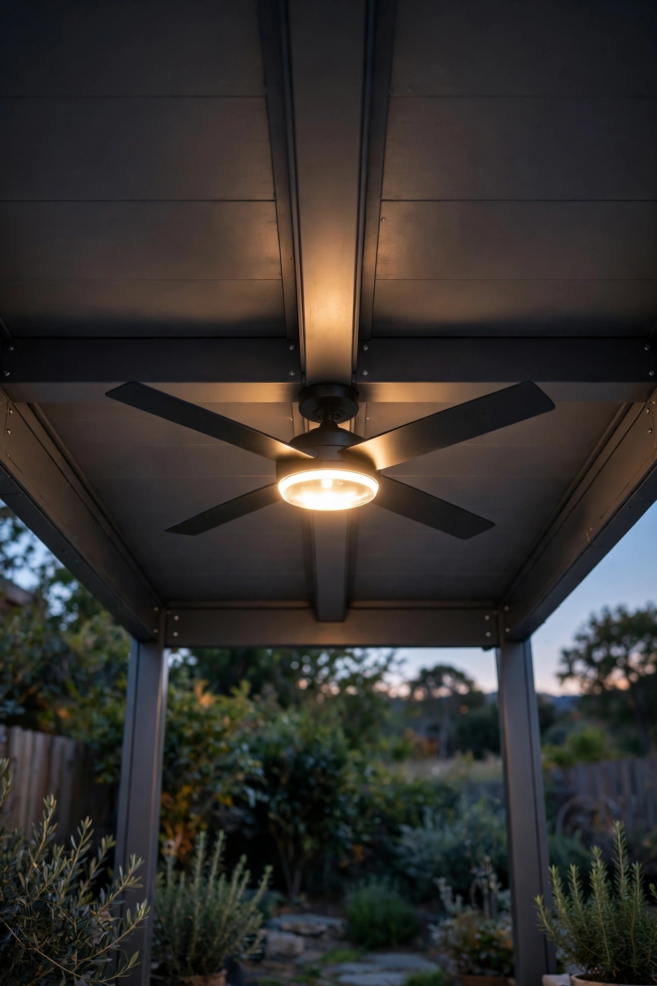 Low-profile outdoor ceiling fan with warm light kit mounted to the center beam of a solid-roof metal pergola