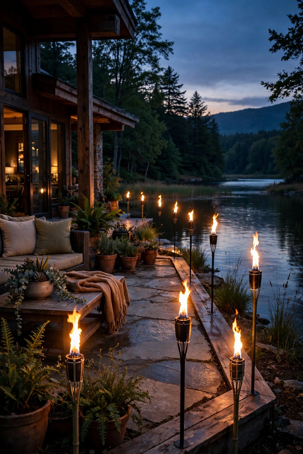 Citronella torch stakes with real flames glowing around the edge of a lake house patio at dusk
