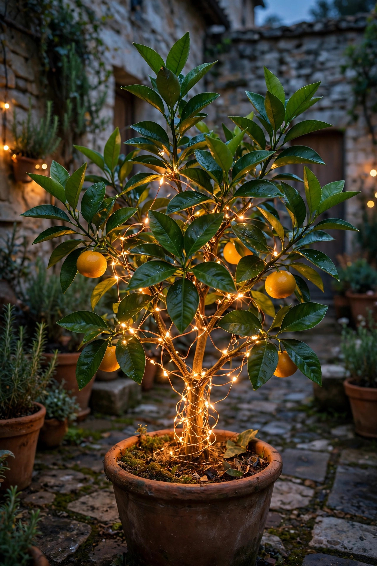 Copper wire fairy lights woven through a potted citrus tree glowing warm among glossy leaves in a courtyard at dusk