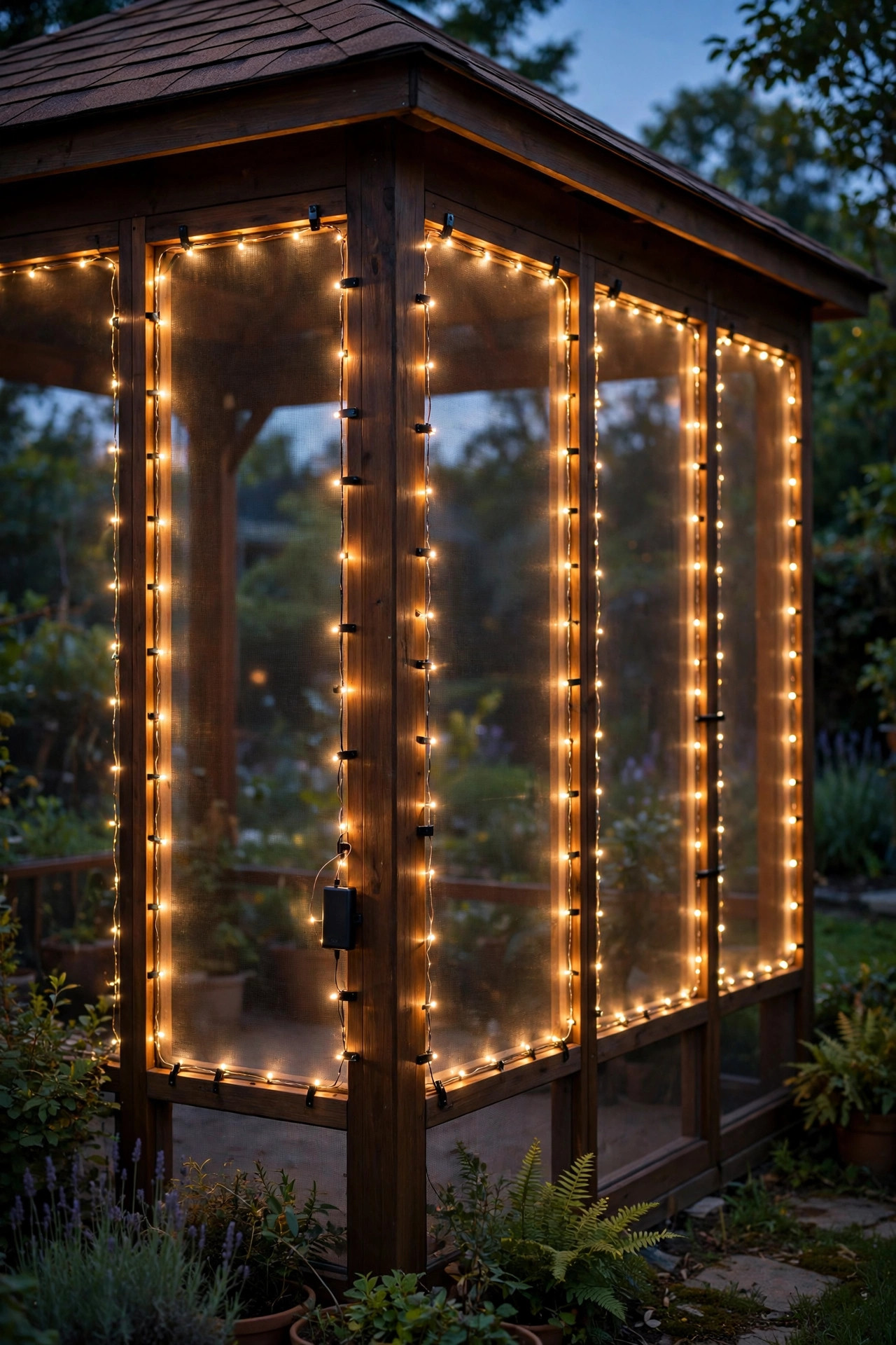 Battery fairy lights clipped along gazebo screen frames outlining each panel