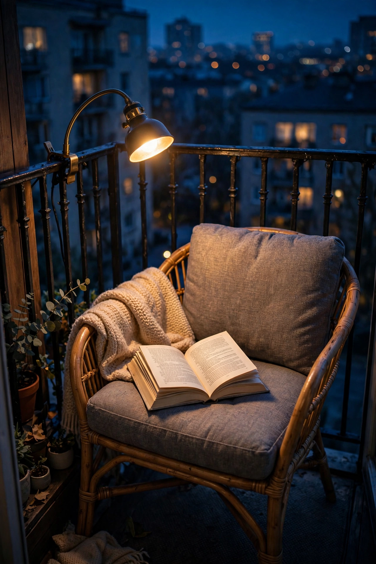 Clip-on clamp lamp lighting a book in a cozy balcony reading nook