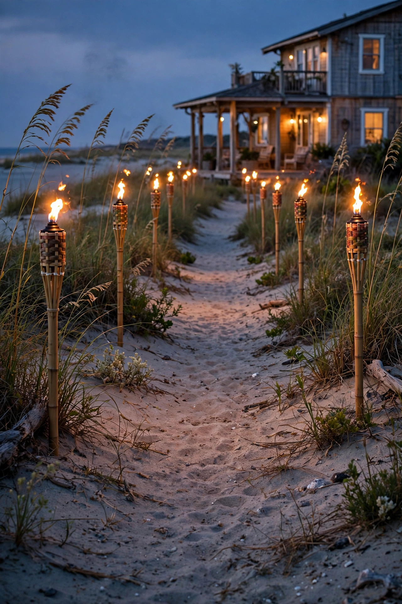Solar tiki torches lining a sandy path toward a beach house at dusk, flames steady in the evening breeze