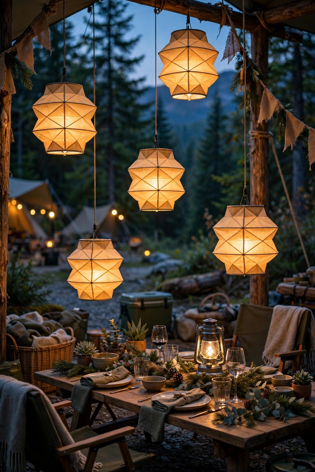 Glowing collapsible lanterns hanging at different heights over a campsite patio celebration