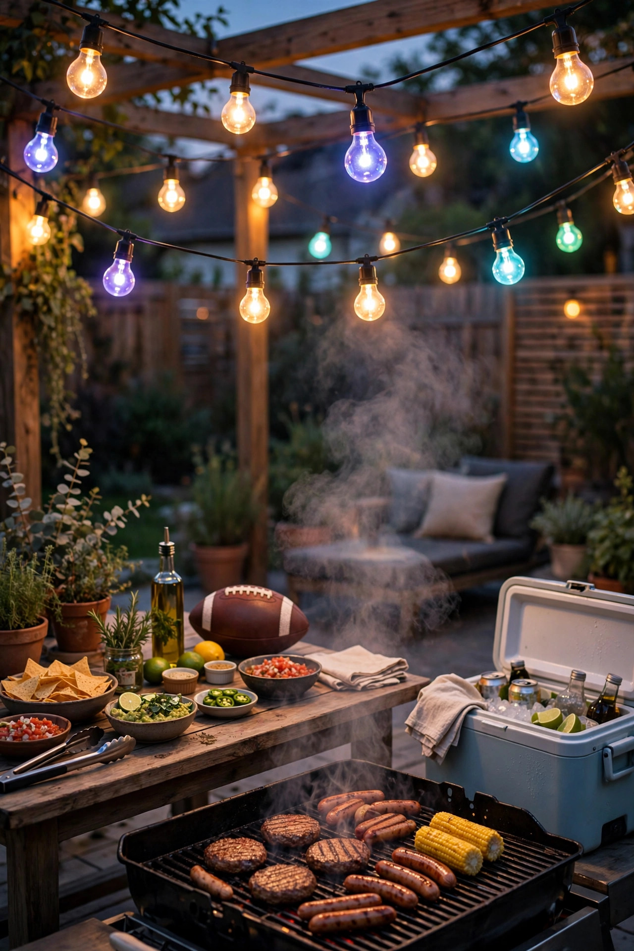 Color-changing smart bulbs glowing in patio string lights during a game day backyard cookout
