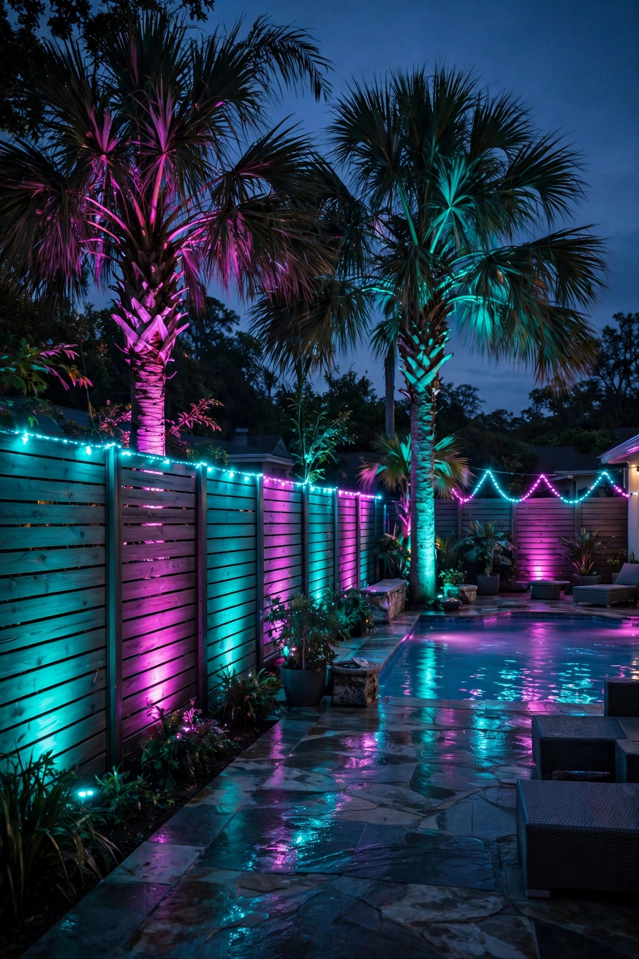 Color-changing LED lights washing a pool fence and palm trees in teal and magenta for a backyard party night