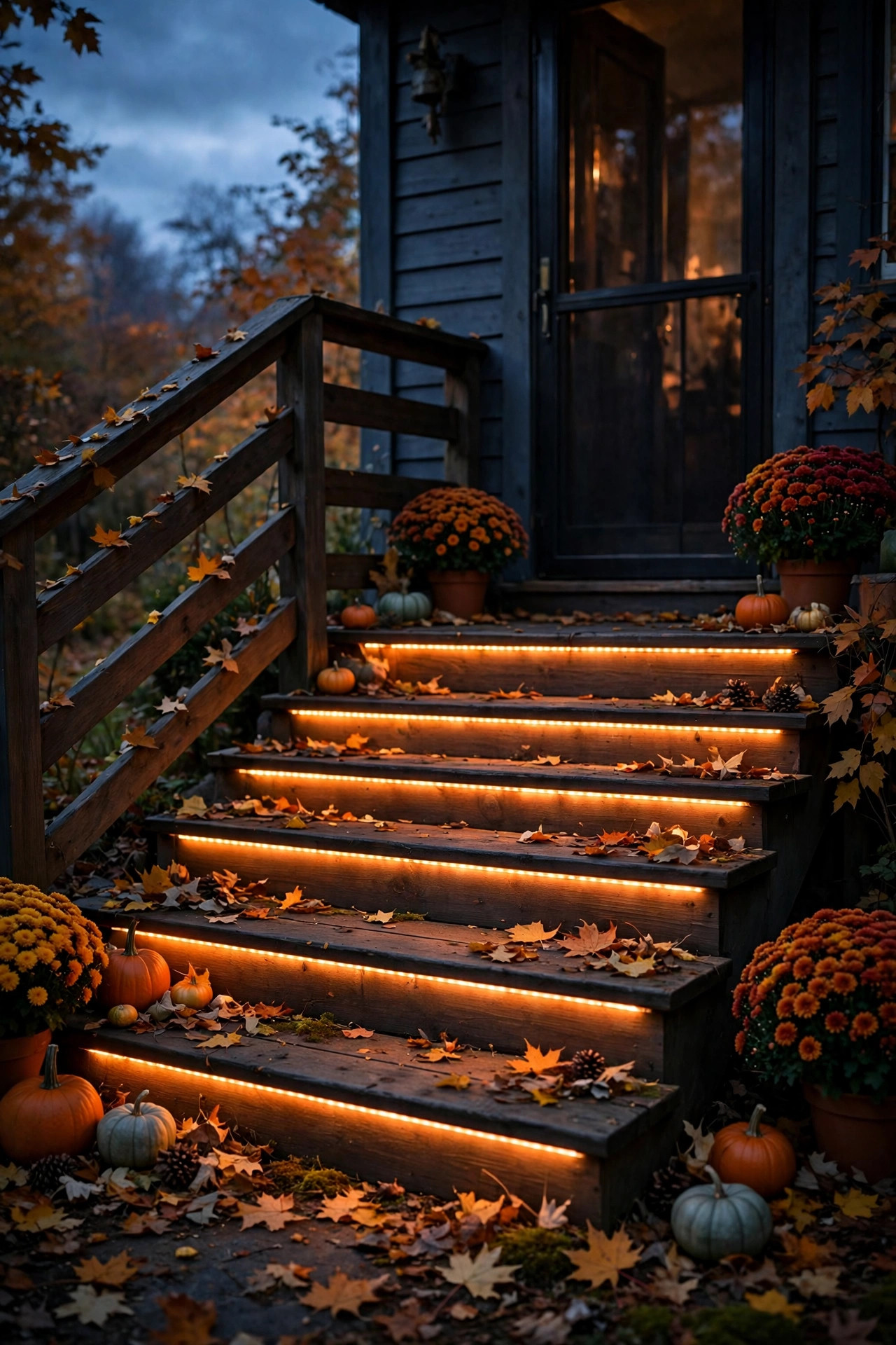 Porch steps at dusk with RGBW LED strip lights set to a soft amber-orange wash for an autumn evening