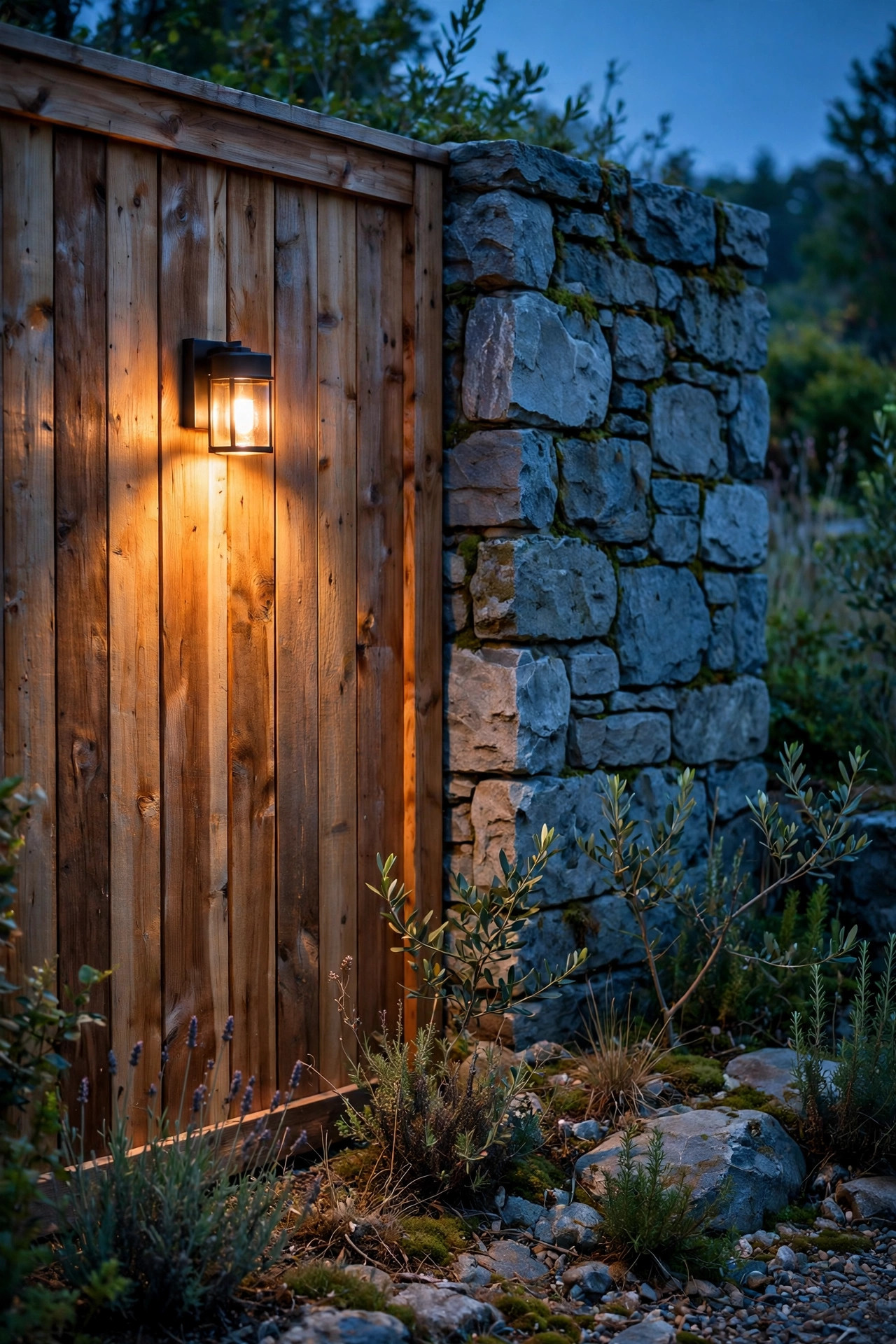 Warm 2700K wash light glowing on a cedar fence beside cooler stone garden wall