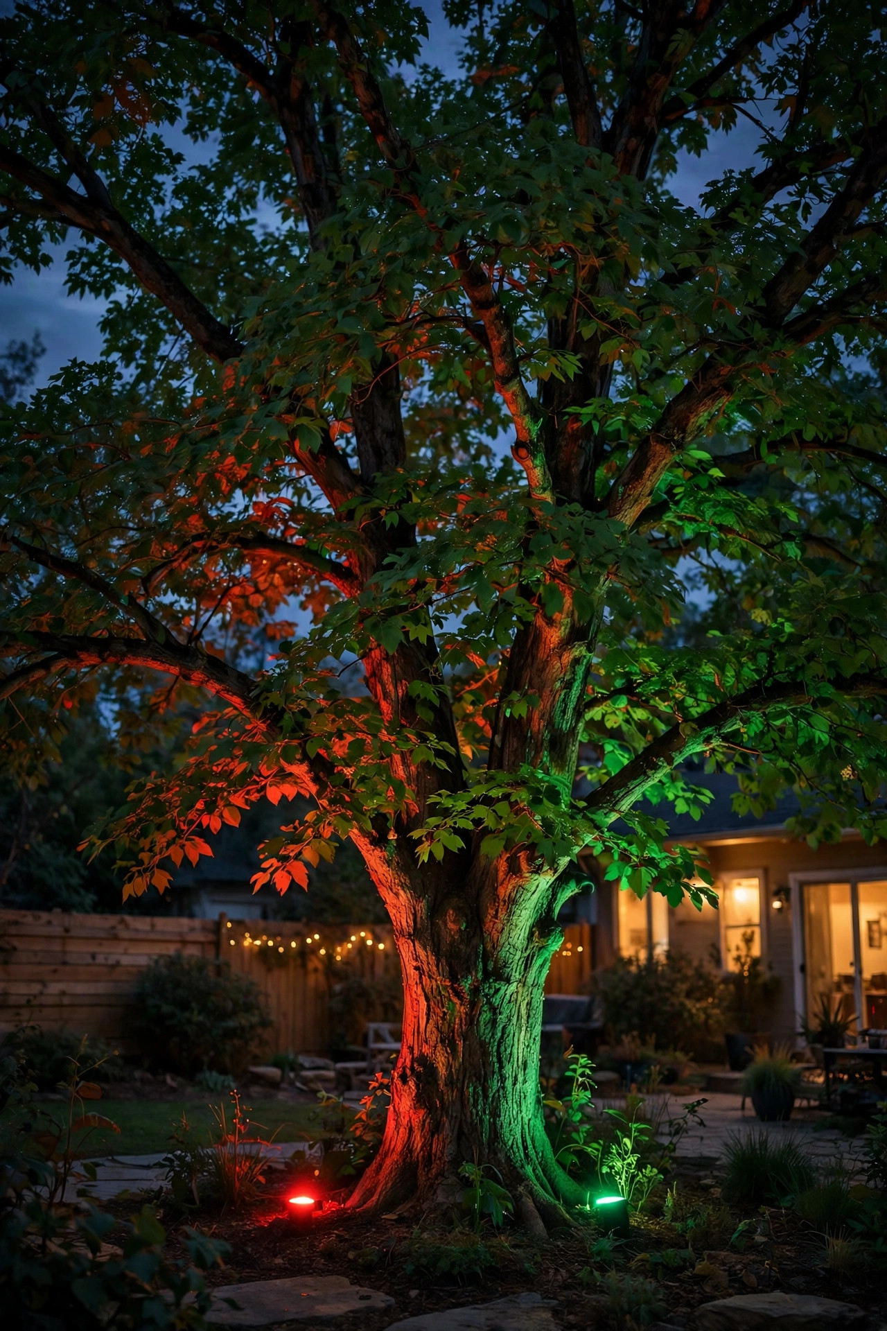 Large backyard tree washed in red and green light from ground uplights at dusk