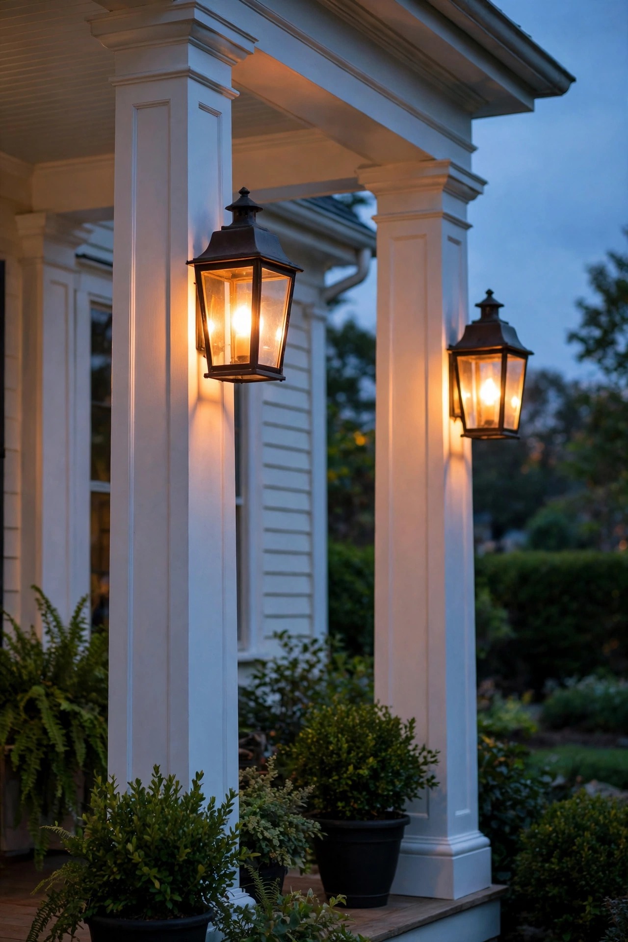 Matching lanterns mounted on white colonial porch columns glowing warm at dusk