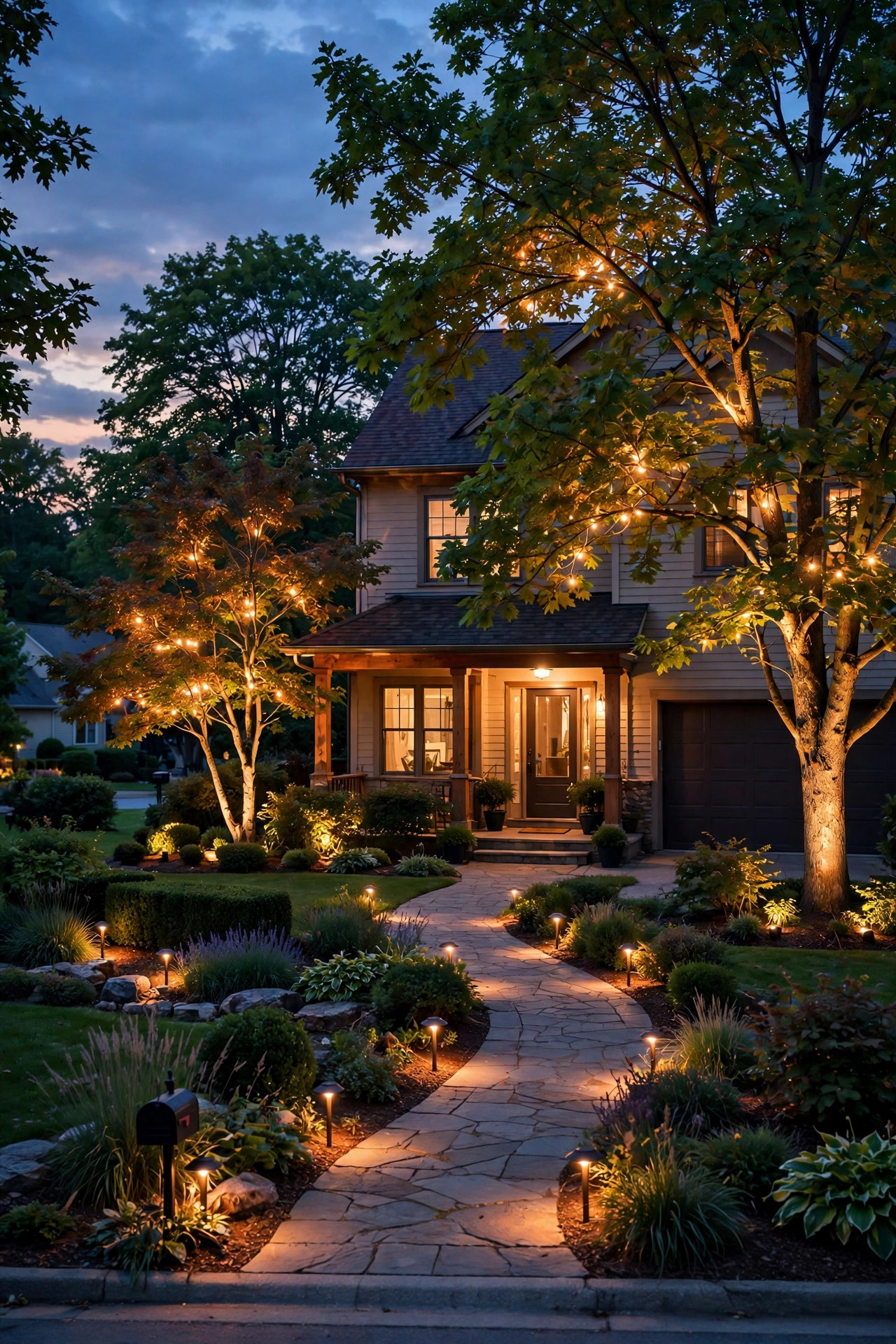 A front yard at dusk transformed by warm layered landscape lighting with glowing trees and pathways