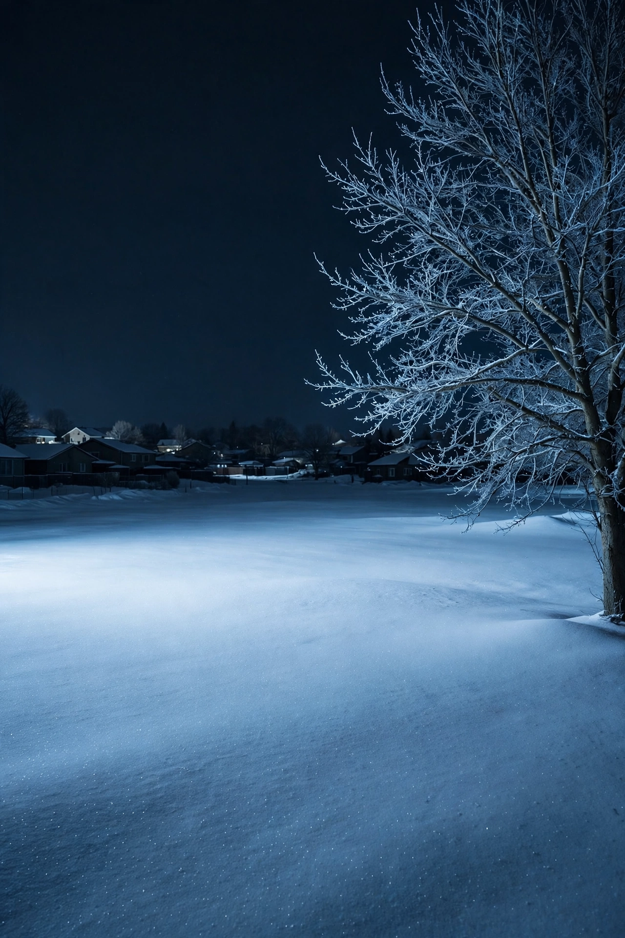 Open snowy lawn sparkling under a cool white flood wash at night in winter