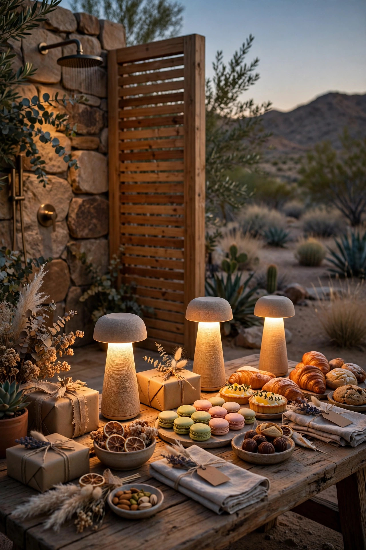 Small cordless warm table lamps glowing on an outdoor shower dessert and gift table