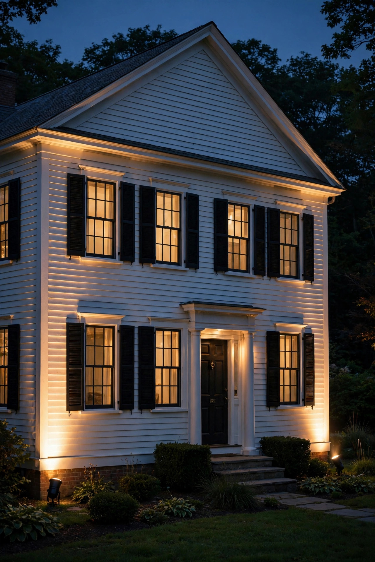 Spotlights at both front corners of a colonial home defining the edges of the facade in warm light at night