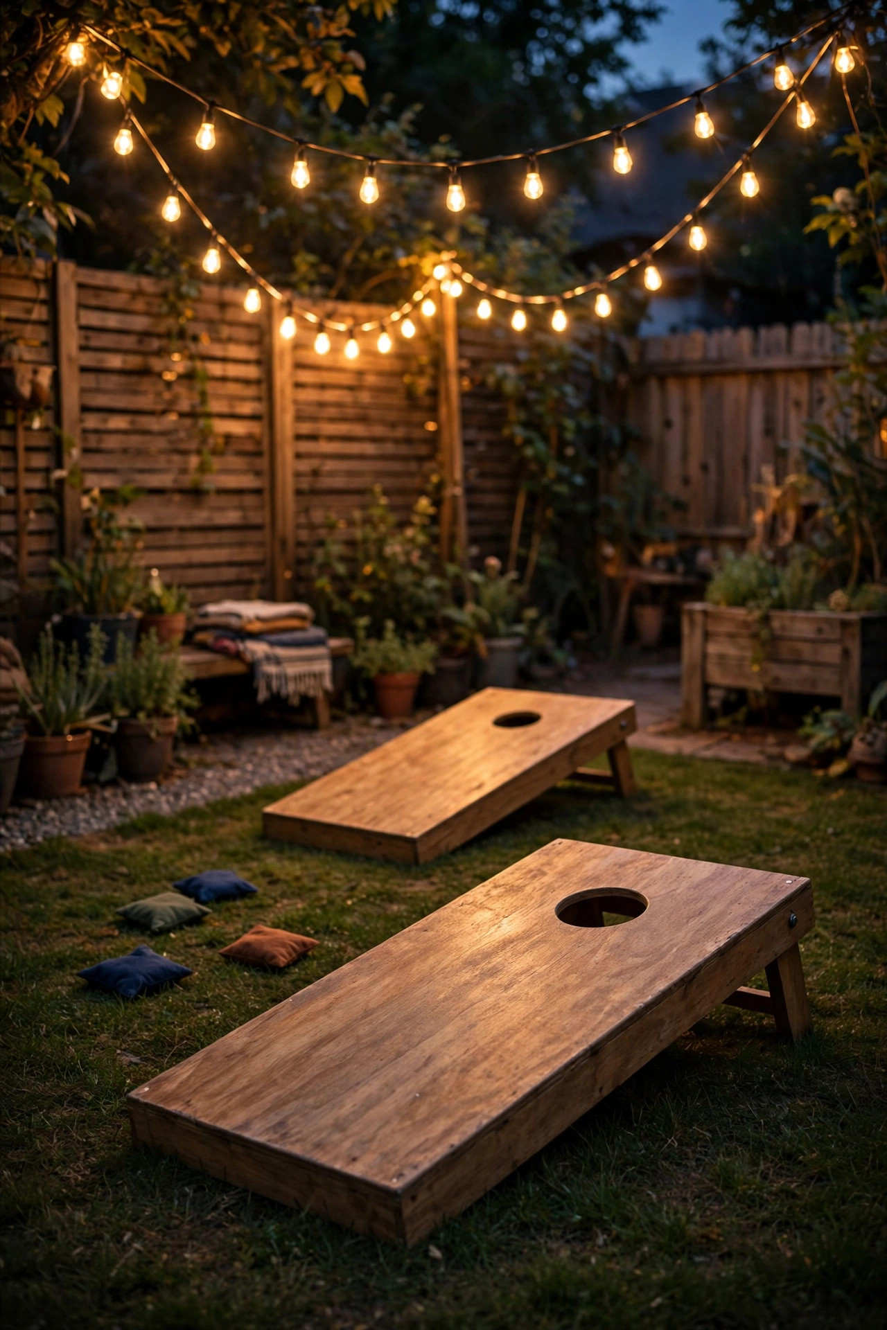 Cornhole boards lit by a warm string light swag in a backyard games corner at night