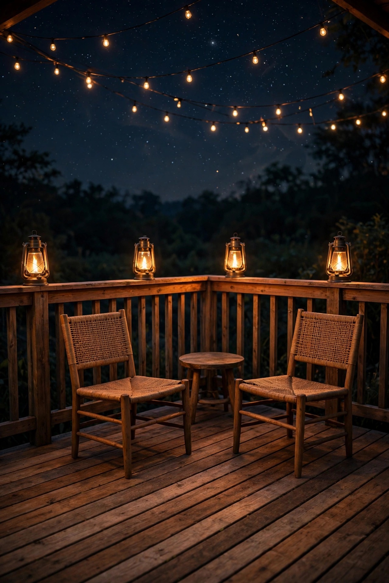 Deck at night with flickering flame-effect lanterns and string lights dimmed low under a starry sky
