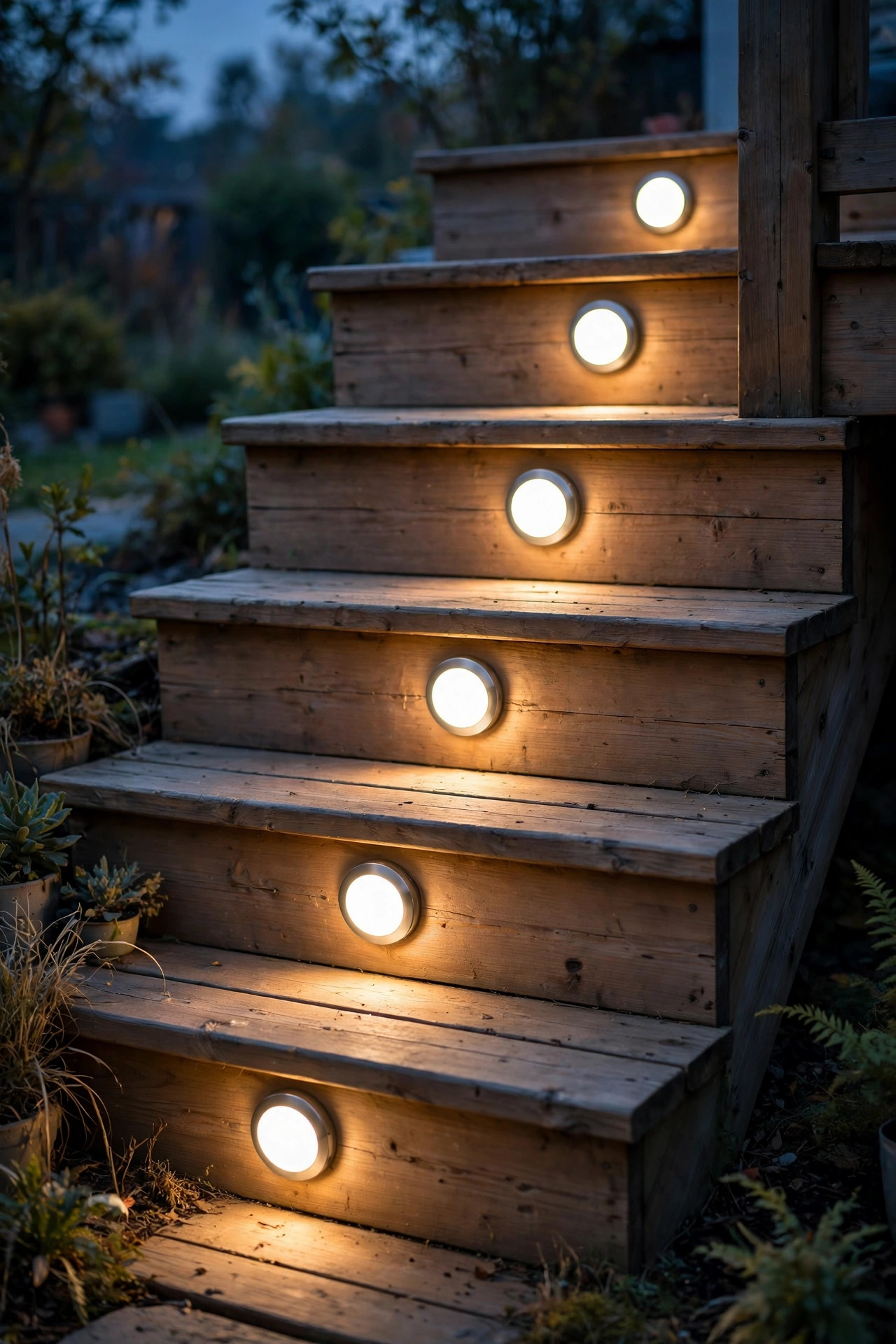 Slim round puck lights screwed onto the risers of wooden deck steps glowing warm white at dusk