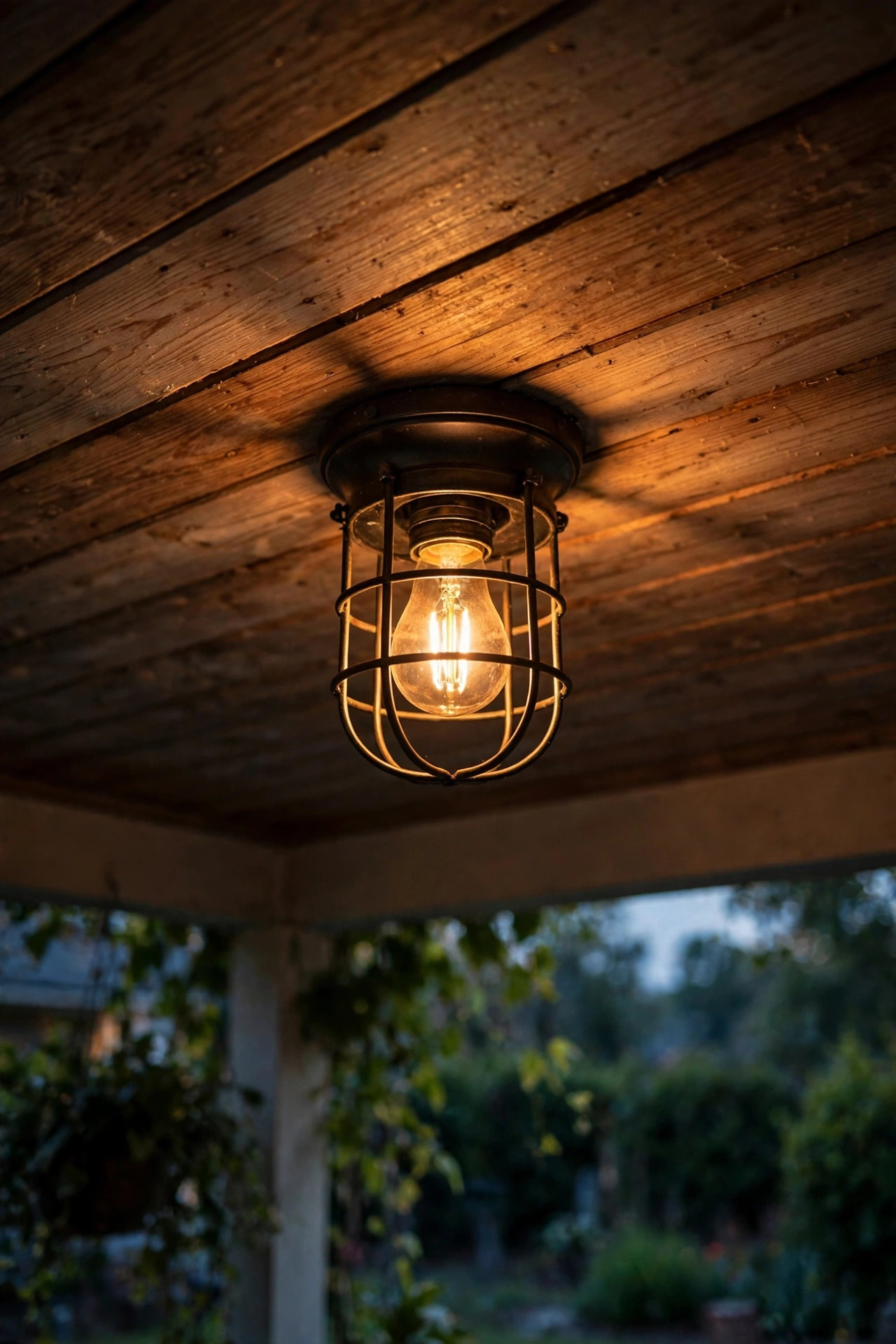 Porch ceiling fixture with a dim-to-warm bulb casting a deep golden firelight glow at low dim