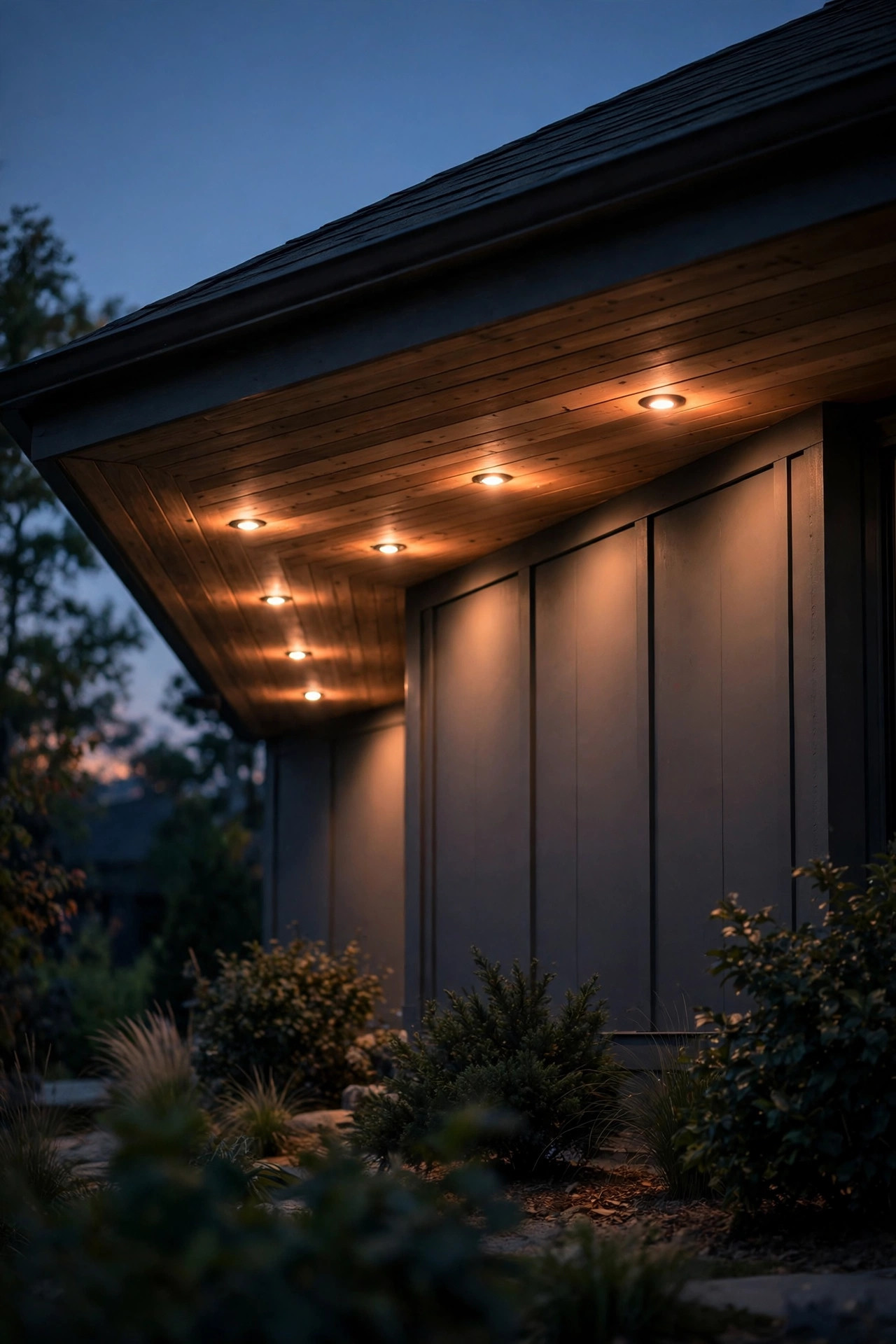 Soffit downlights dimmed to a soft warm glow along a home's eave in the early evening