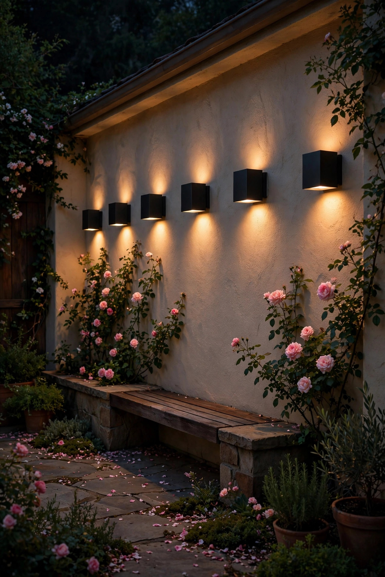 Dimmable wall sconces casting warm light on a courtyard wall at night