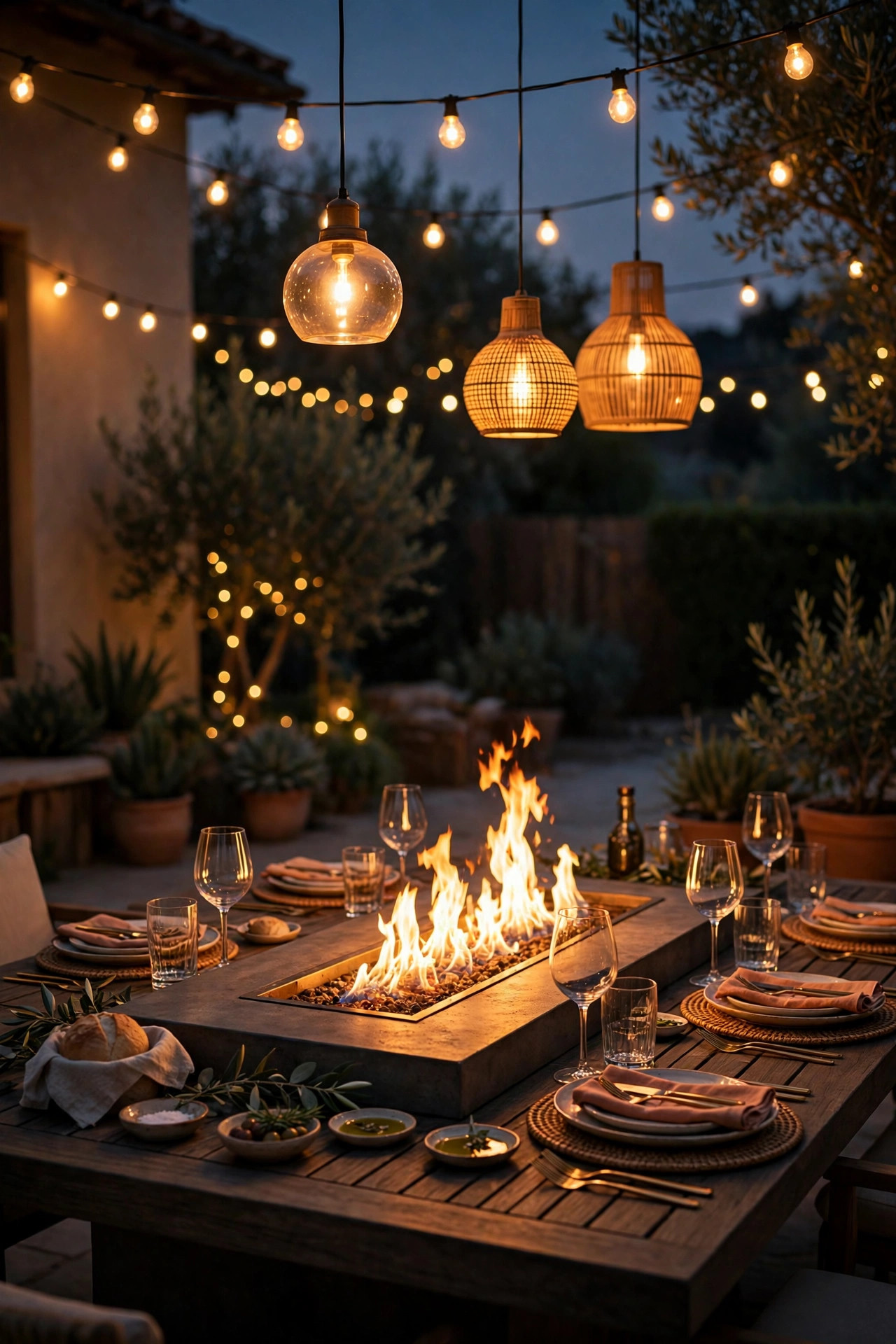 Fire table dining scene at low ambient light with dimmed string lights and pendants matched to the flame glow