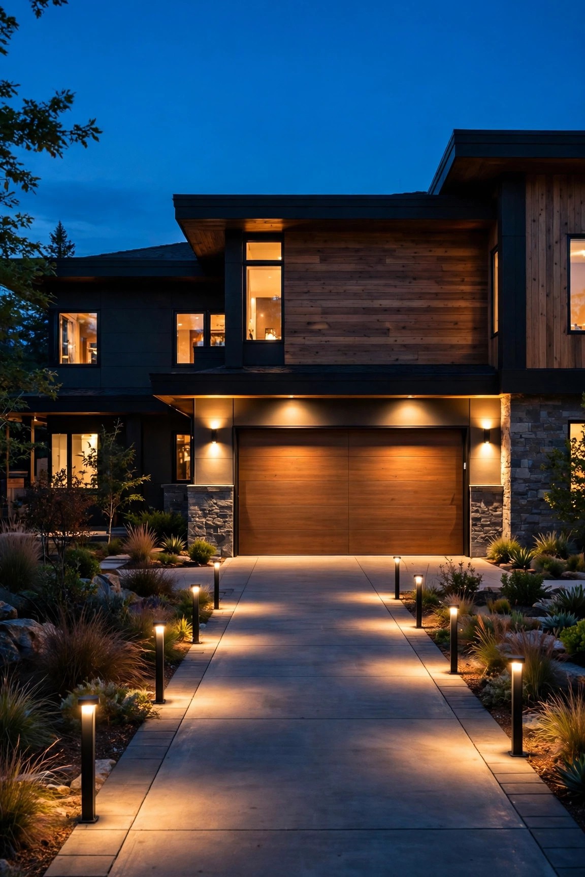 Low bollard lights lining a driveway at dusk leading toward a warmly lit garage door