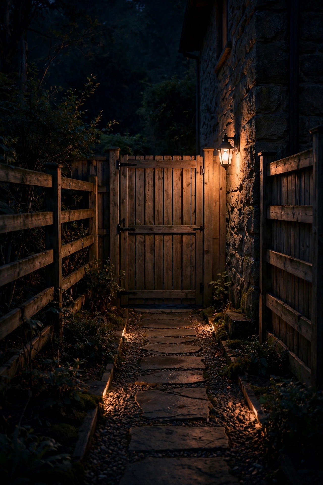 Side yard gate at night with a soft low warm glow from a wall fixture, path and fence edges gently outlined in the dim light